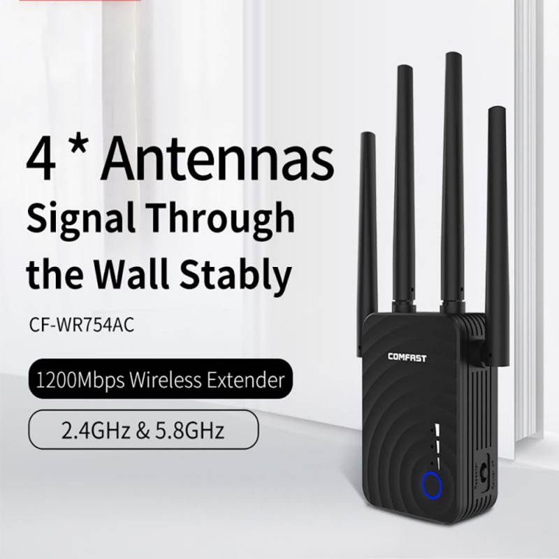 WiFi Range Extender, 1200Mbps WiFi Repeater Wireless Signal Booster, 2.4G & 5.8Ghz Dual Band Wifi Long Range Extender Black