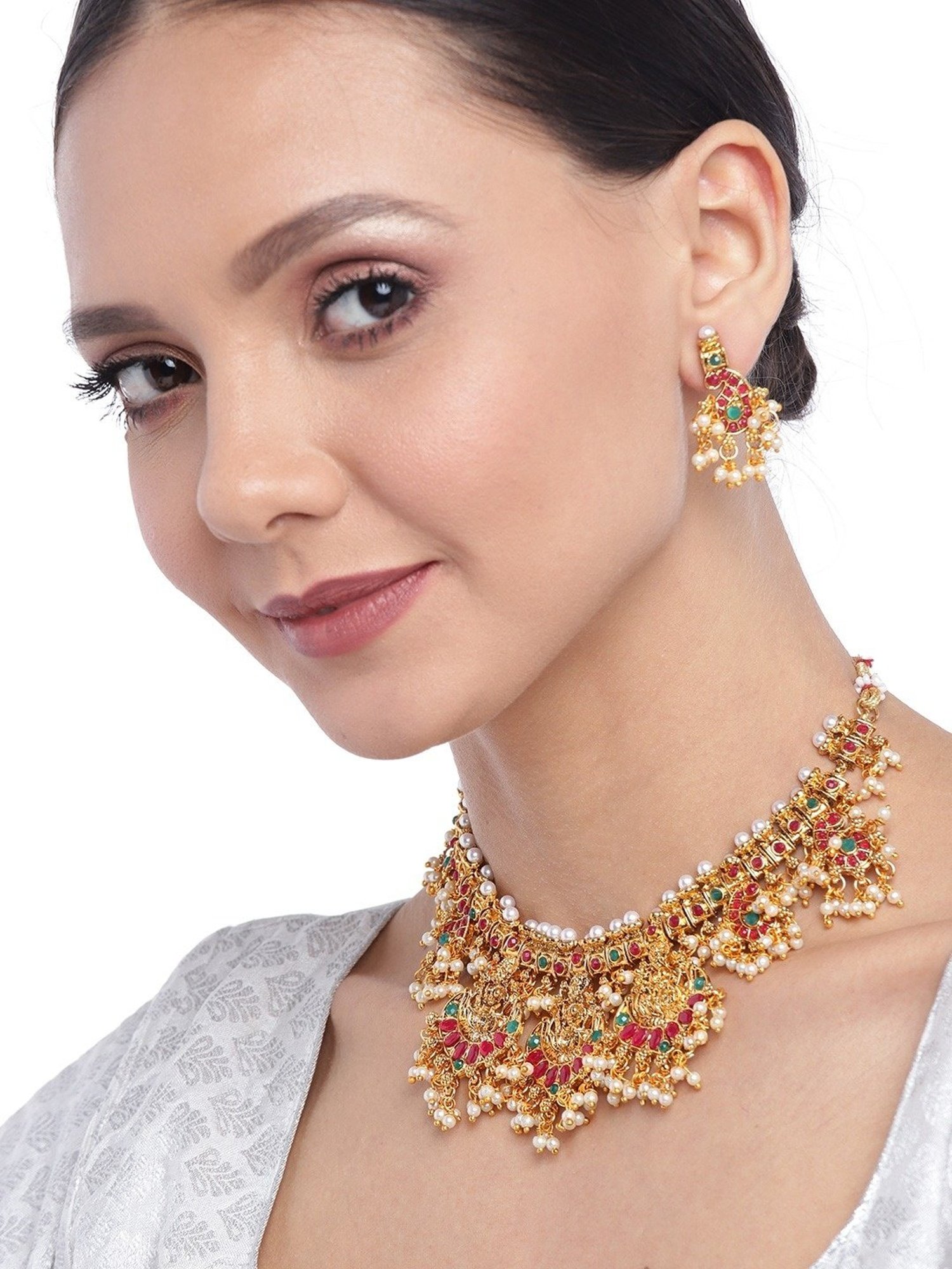 Zaveri Pearls Green & Pink Stones Goddess Laxmi Temple Choker Necklace & Earring Set-ZPFK9638