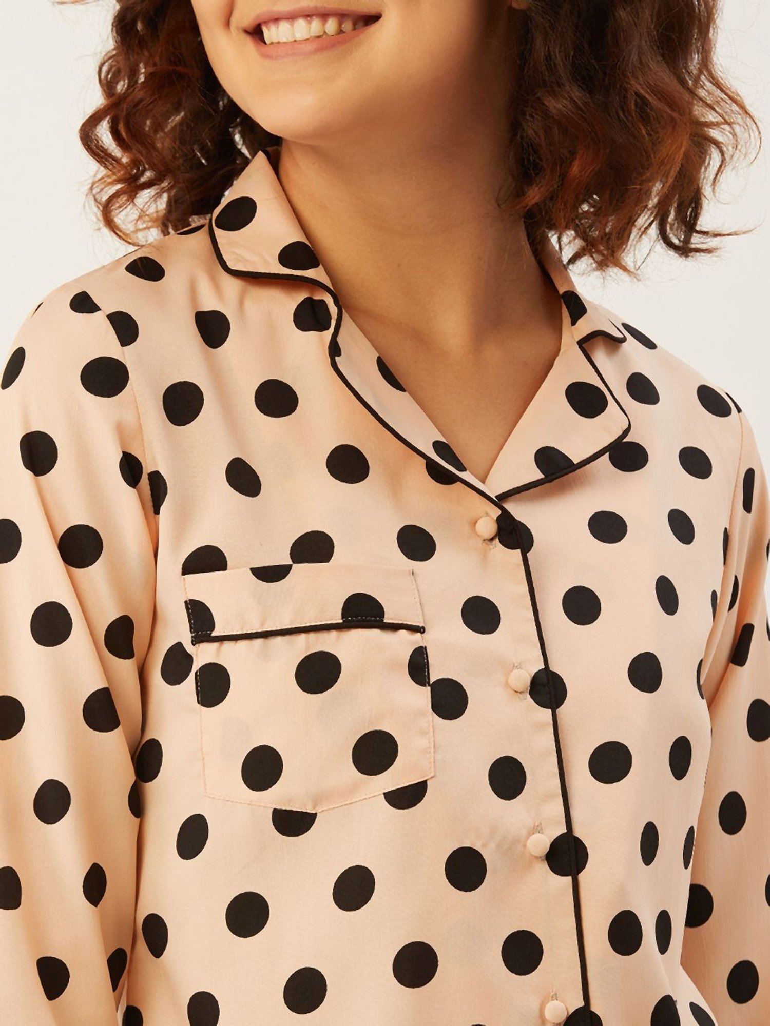 Anvi Be Yourself Cream Polka Dots Shirt Pyjama Set