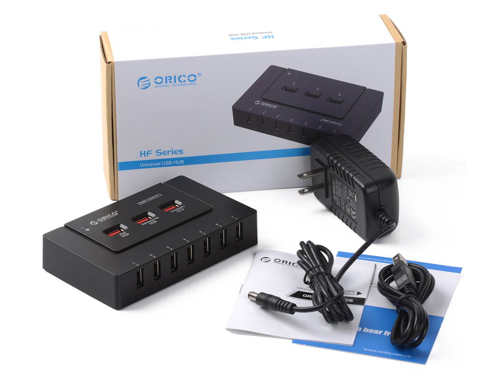 ORICO HF7U-3P 7-Port USB 2.0 Hub - 3 x Charger, 12V 2.5A Power Adapter and USB 2.0 Cord