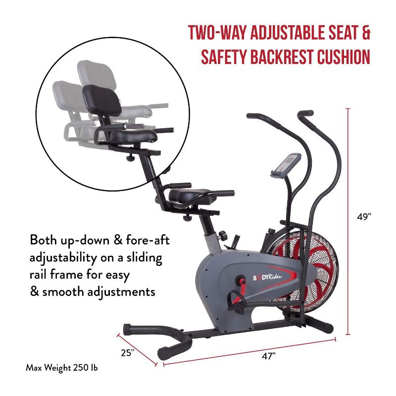 Body Flex Sports Body Rider BRF980 Indoor Upright Air Resistance Stationary Bike with Curve Crank Technology, Dual-Action Handlebars, and Back Support