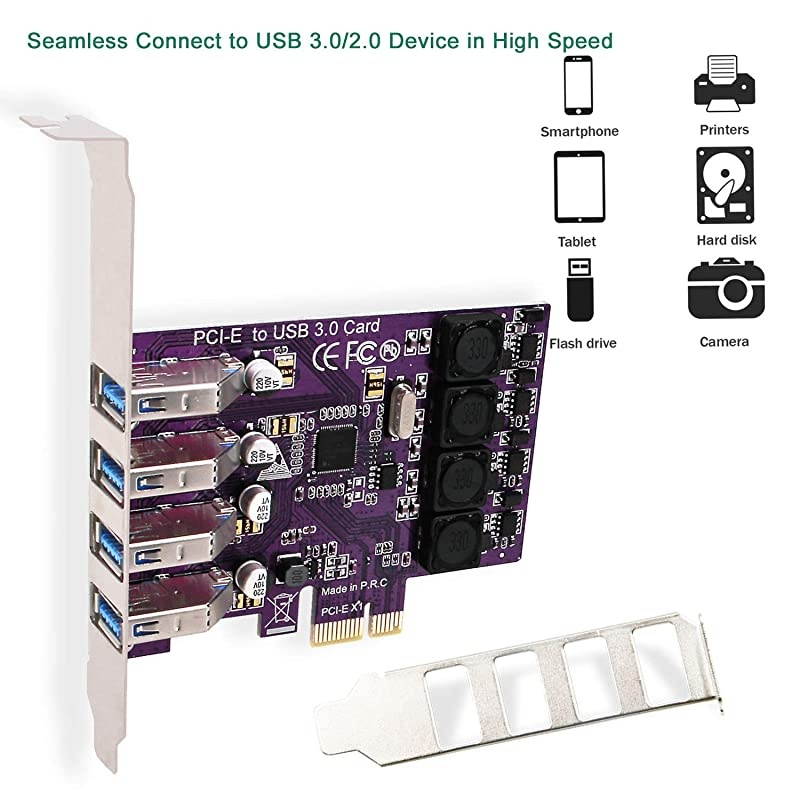 PCI ExpressPCIe 4 Ports USB 30 Expansion Card for Windows XP7Vista88110 Desktop ComputerSuperspeed 5Gbps BanwidthBuild in SelfPowered TechnologyFSU4LPro Purple