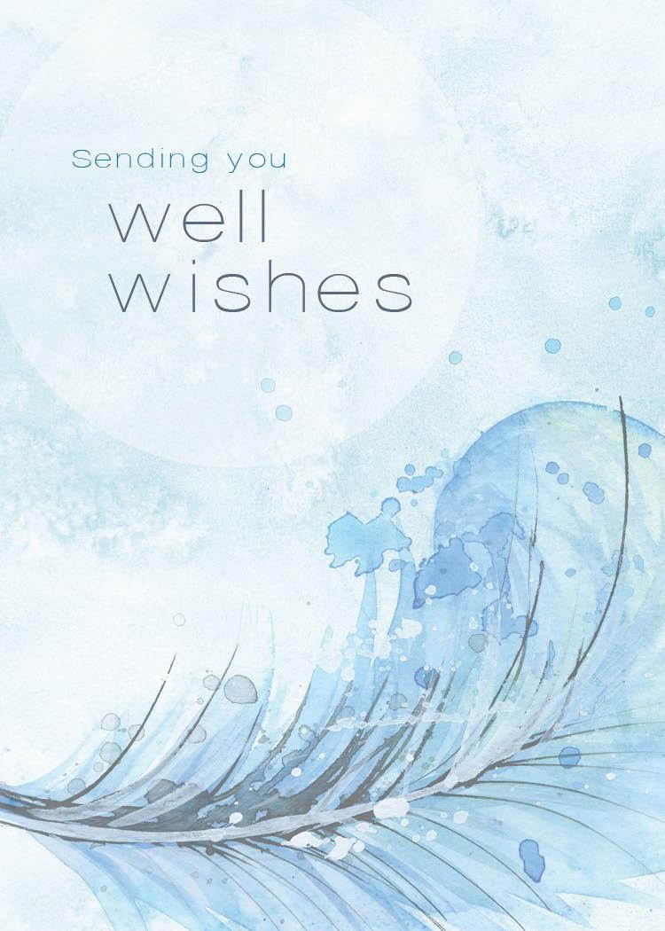 Get Well Greeting Cards - GW1701. Greeting Cards Featuring a Get Well Message on a Light Blue Background with Feather Designs. Box Set Has 25 Greeting Cards and 26 Bright White Envelopes.