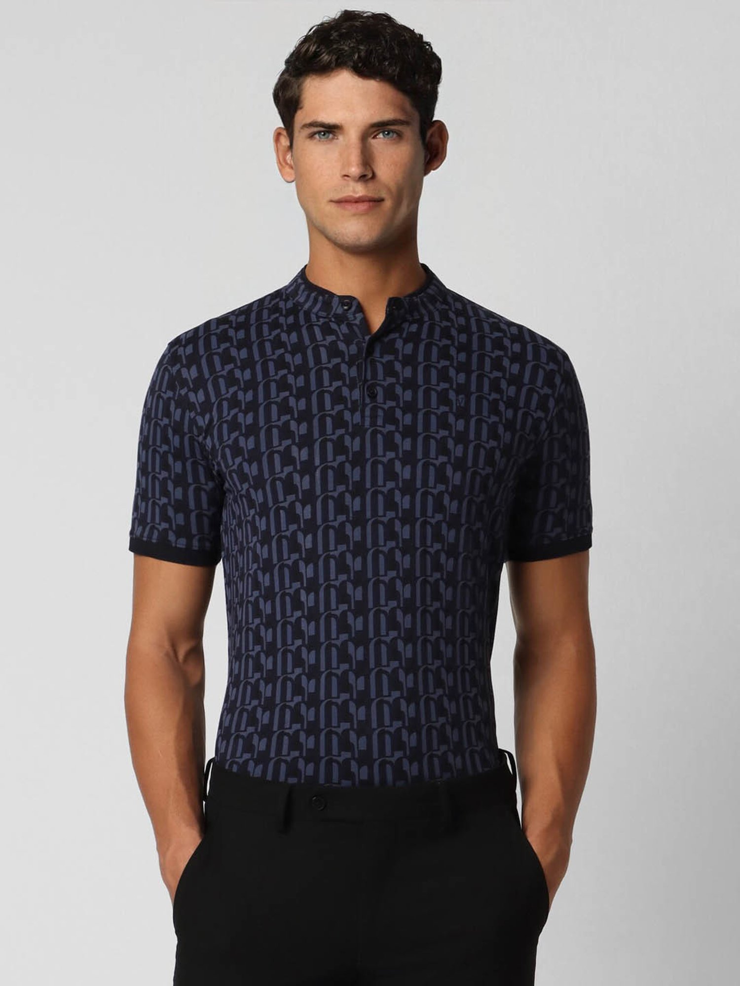 V Dot Navy Cotton Slim Fit Printed Henley T-Shirt