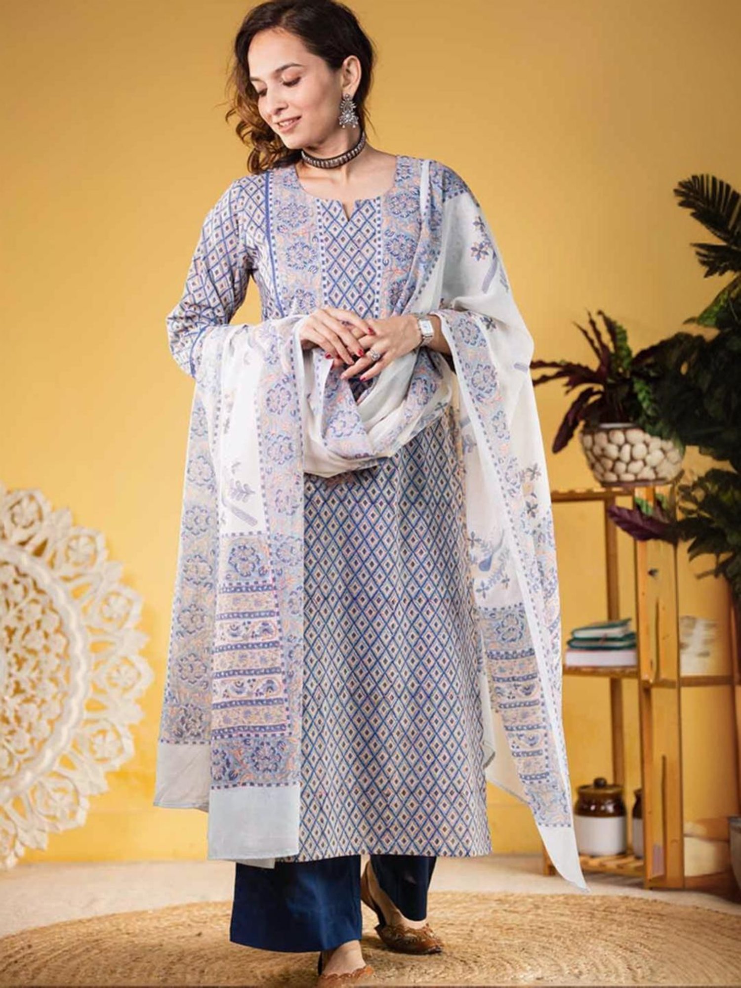 Odette Blue Printed Kurta Palazzo Set With Dupatta