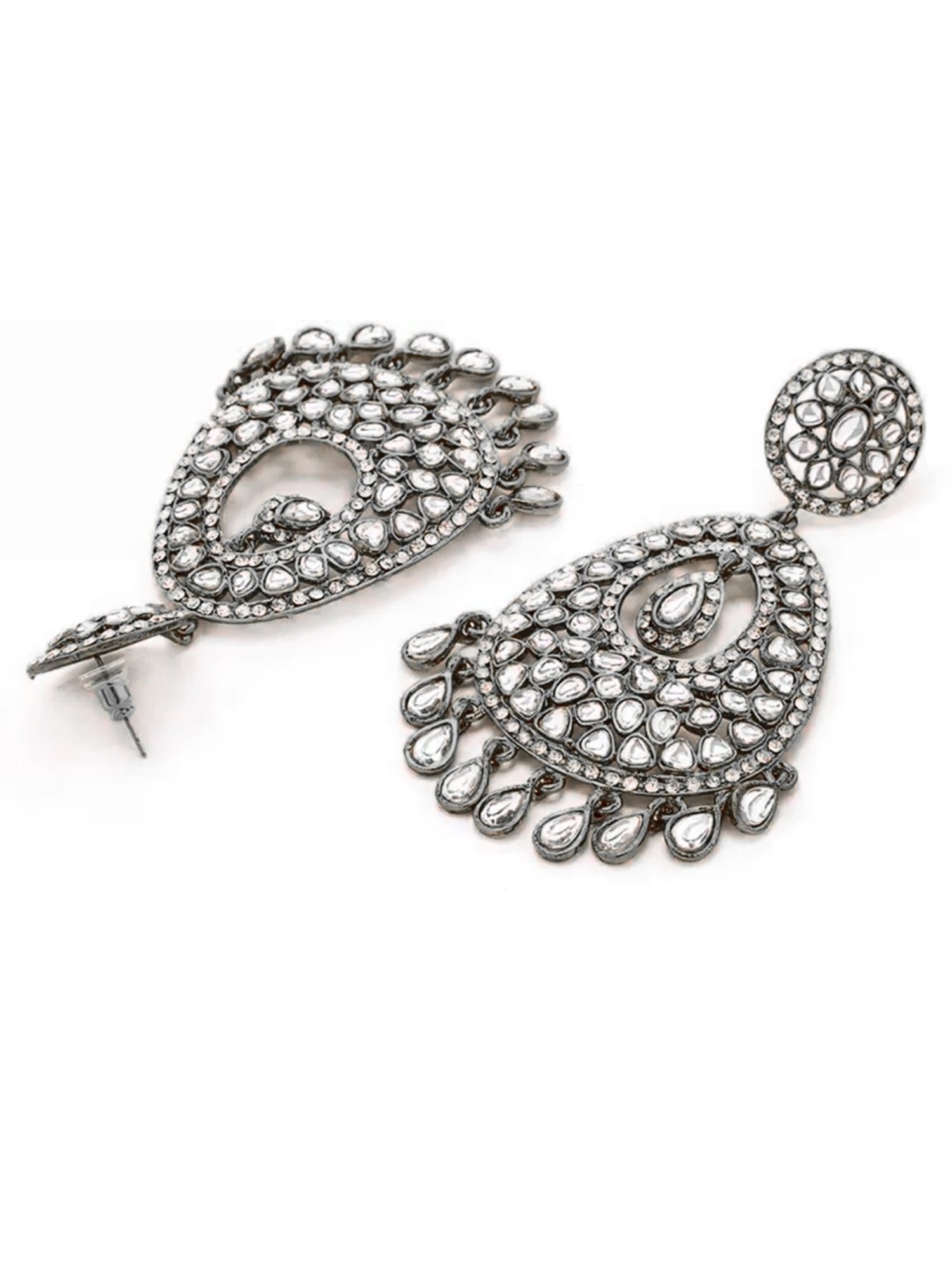 Oomph Black Silver Tone Jadau Kundan Large Ethnic Dangler Earrings