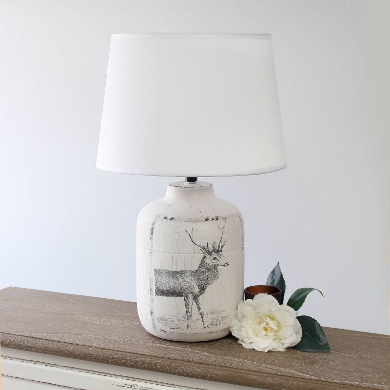 Rustic Deer Buck Nature Printed Ceramic Accent Table Lamp with Fabric Shade White - Simple Designs