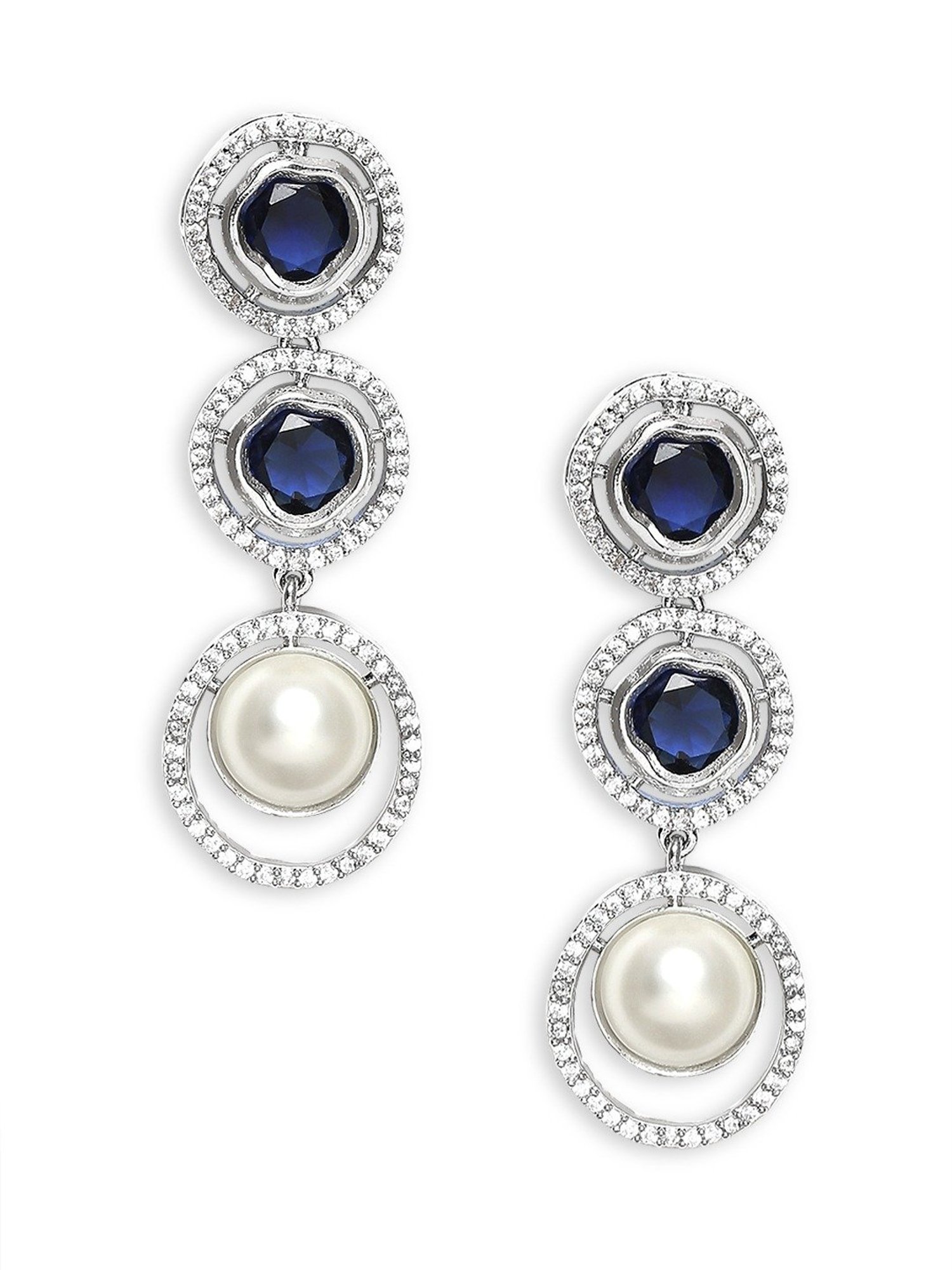 OOMPH Blue American Diamond and Pearls Statement Necklace Set