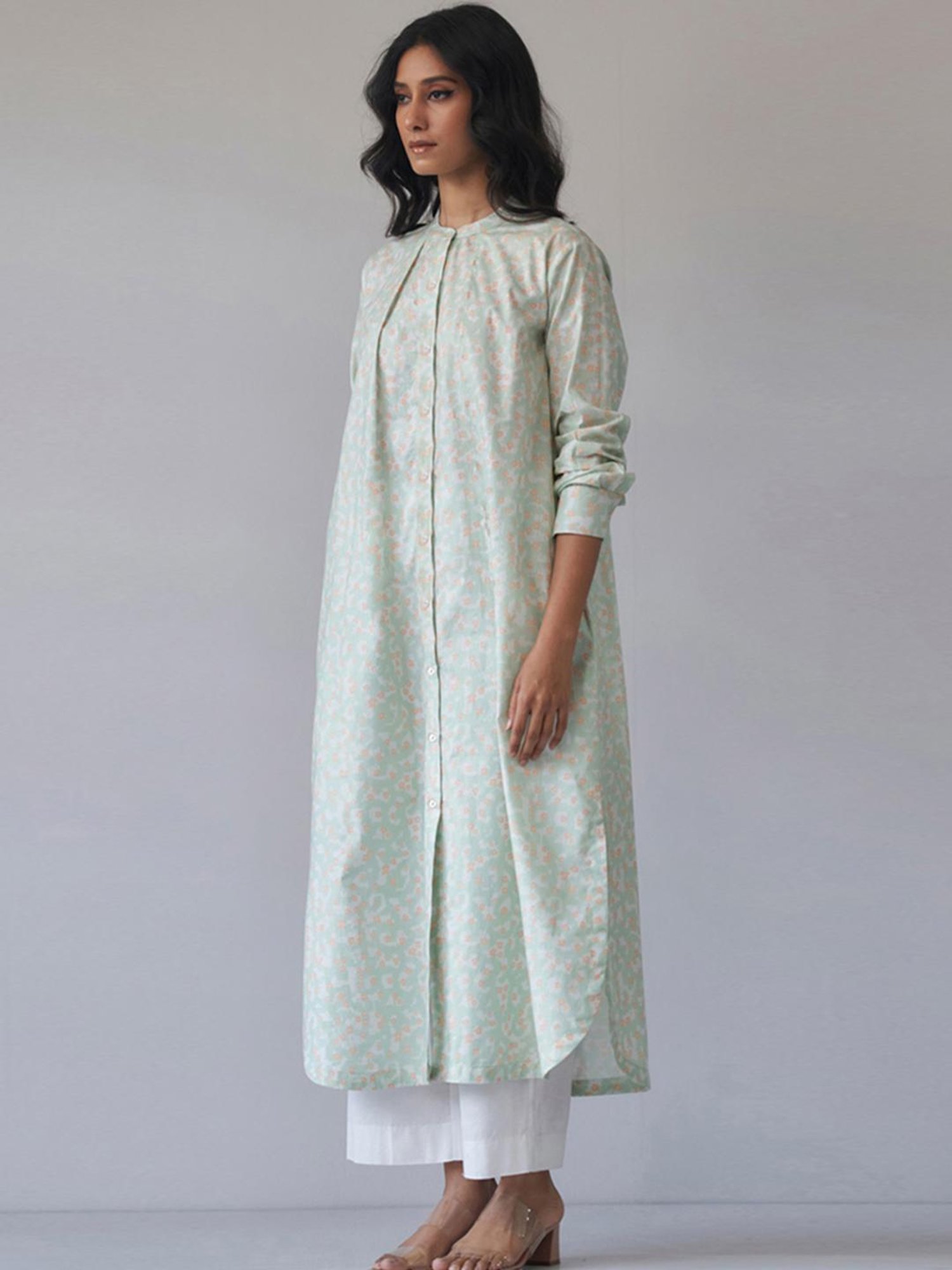 Ganga Fashions Subtle Green & Peach Cotton Kurta with Pant Co-ord Set
