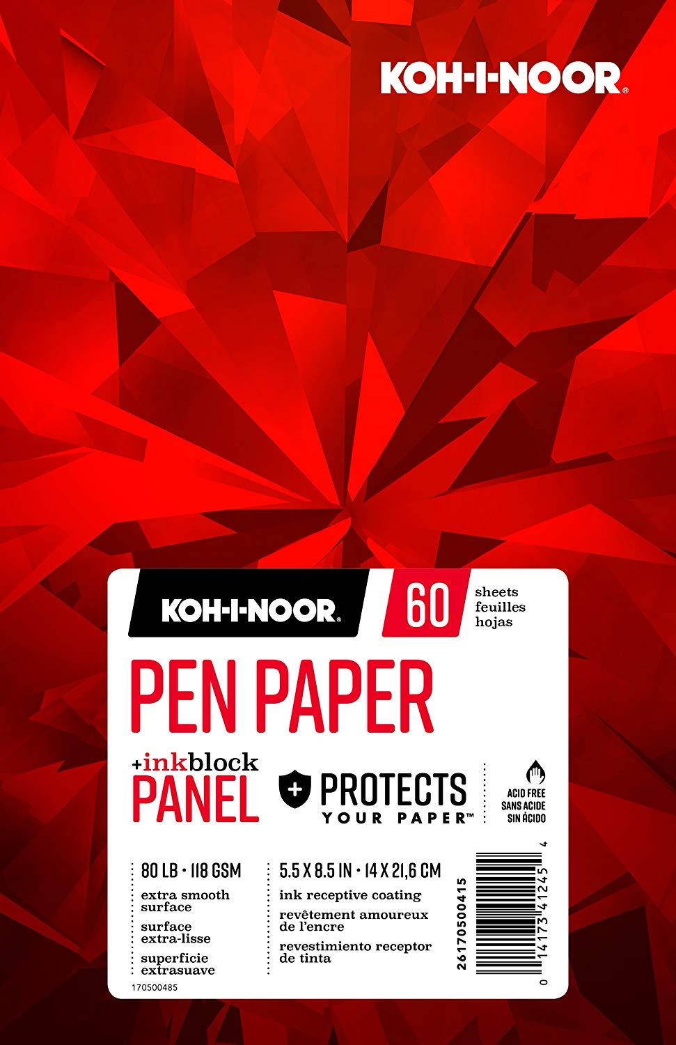 Koh-I-Noor Pen Paper Bright White Smooth Paper Pad with Ink Block Panel, 80lb/118 GSM, 5.5 x 8.5", 60 Sheets per Pad, 1 Each (26170500415)