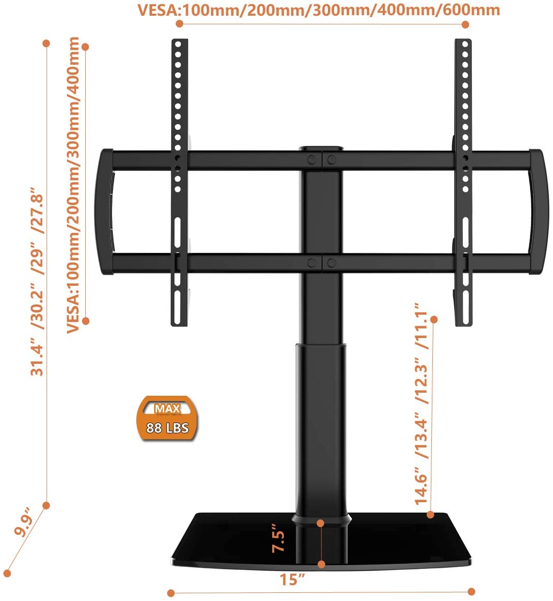 Universal Swivel TV Stand/Base Table Top TV Stand 32 to 65 inch TVs 80 Degree Swivel, 4 Level Height Adjustable, Heavy Duty Tempered Glass Base, Holds up to 99lbs Screens