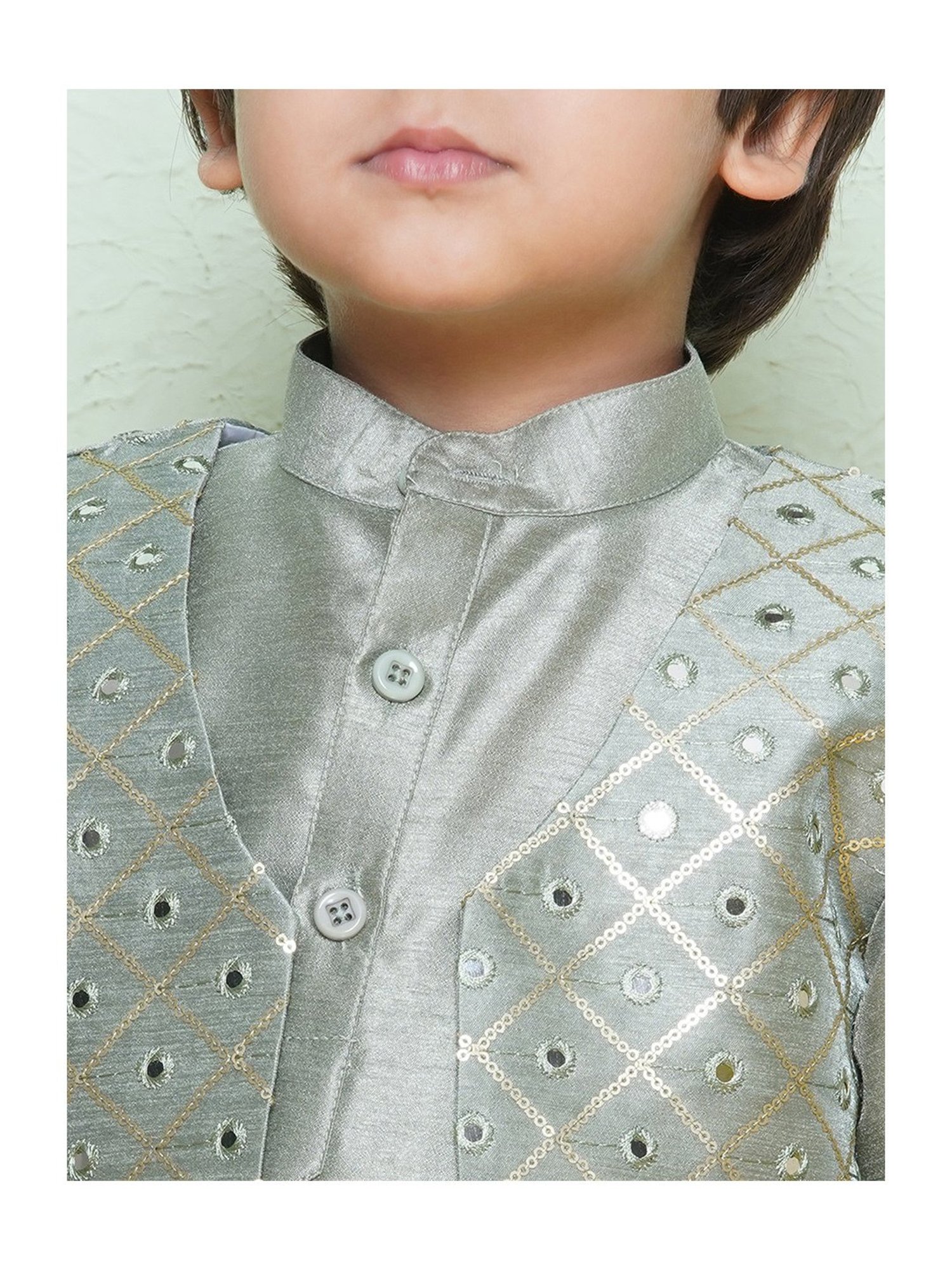 AJ Dezines Kids Green Embellished Full Sleeves Kurta, Dhoti with Waistcoat
