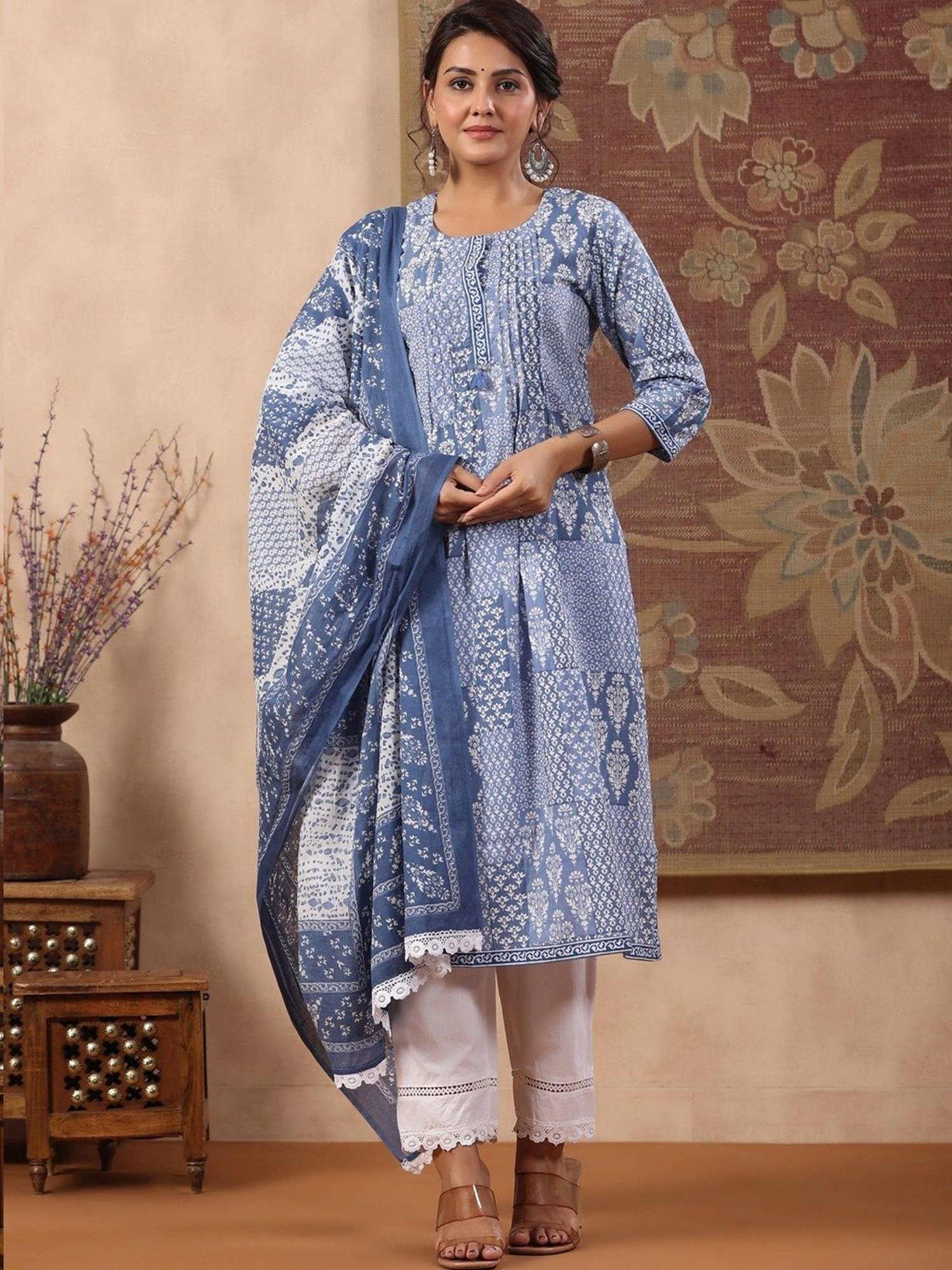 Rain and Rainbow Blue & White Cotton Printed Kurta Pant Set With Dupatta