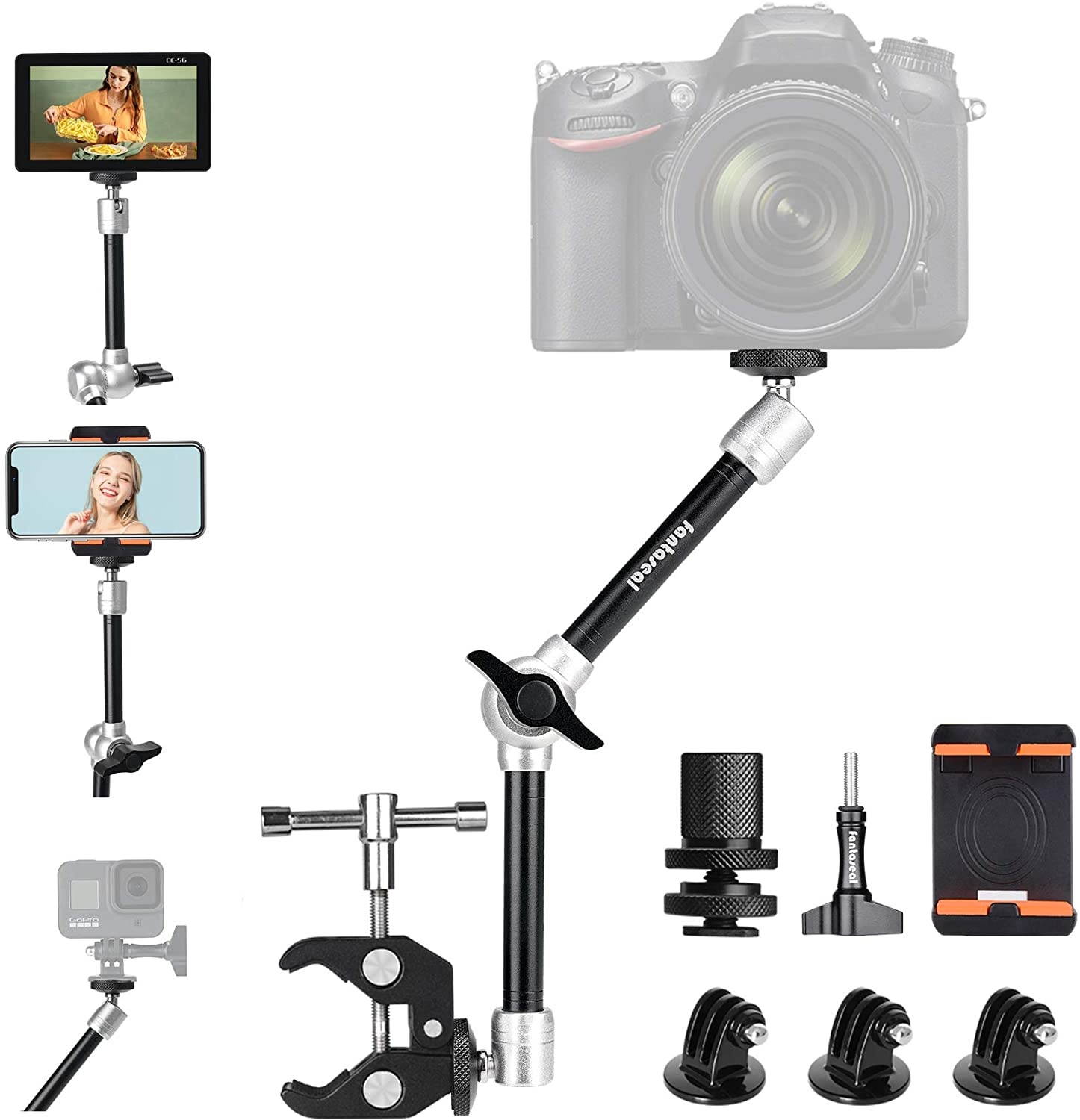 11" Adjustable Robust Articulating Friction Magic Arm, DSLR/Mirrorless/Action Camera/Camcorder/Smartphone/LCD Monitor Video Vlog Rig w/Clamp Holder Mounts Kit fit for GoPro iPhone Arlo etc