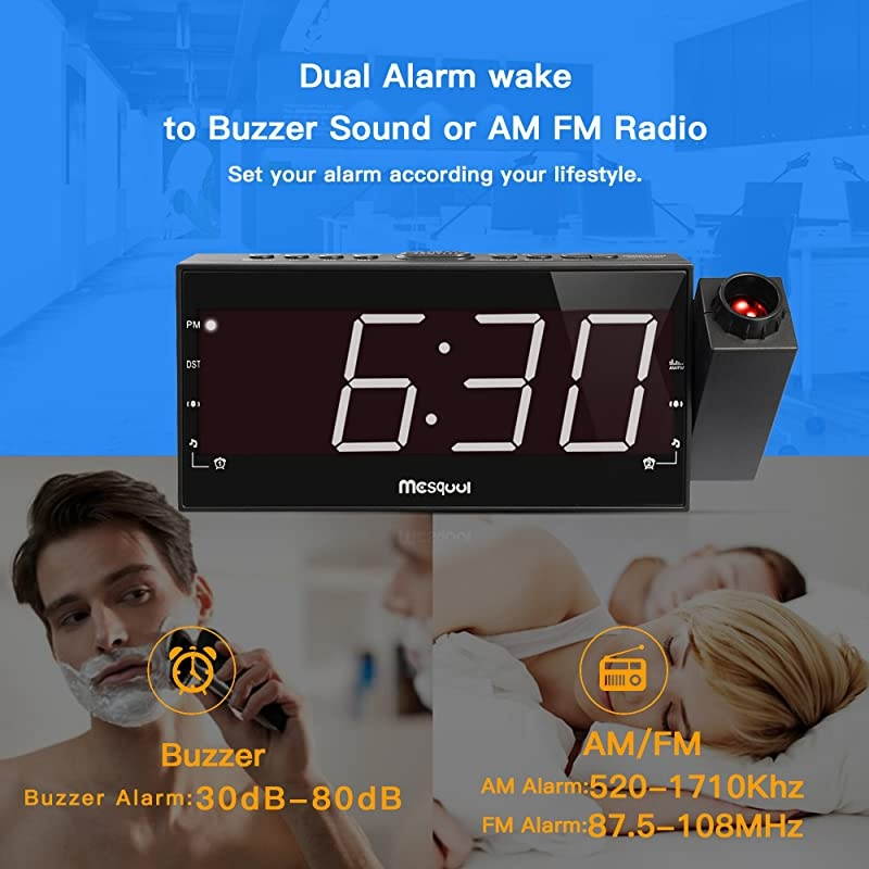 Digital Alarm Clock for Ceiling,Wall,Bedroom - FM Radio,7&rdquo; Large Number & 5 Dimmers,350&deg;Projector,USB Charger,Sleep Timer,Plug in & Battery Backup,Loud Dual Alarm Clock for Heavy Sleepers