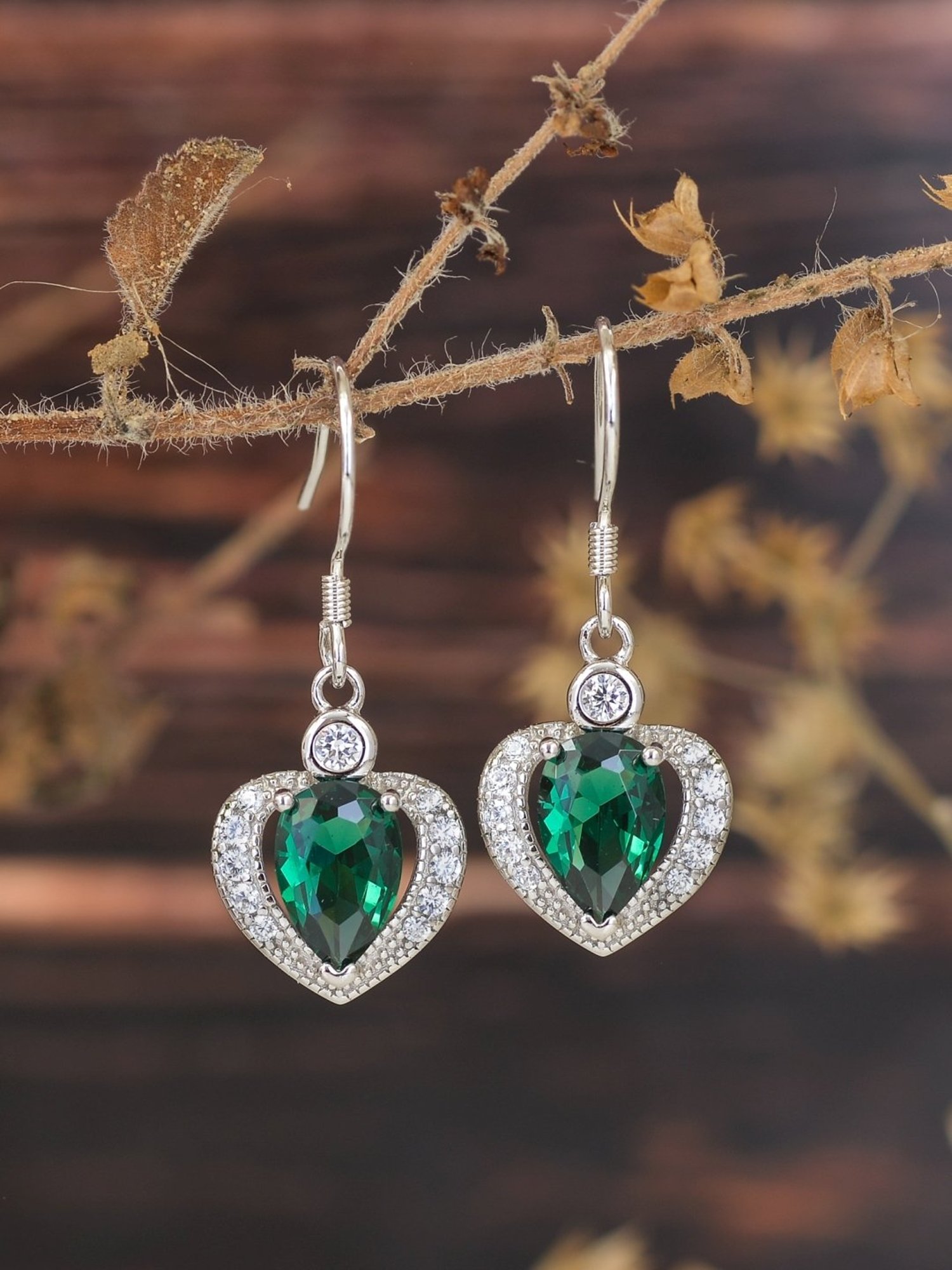 925 Silver Green Emerald and American Diamond d Dangler Earrings for Women & Girls