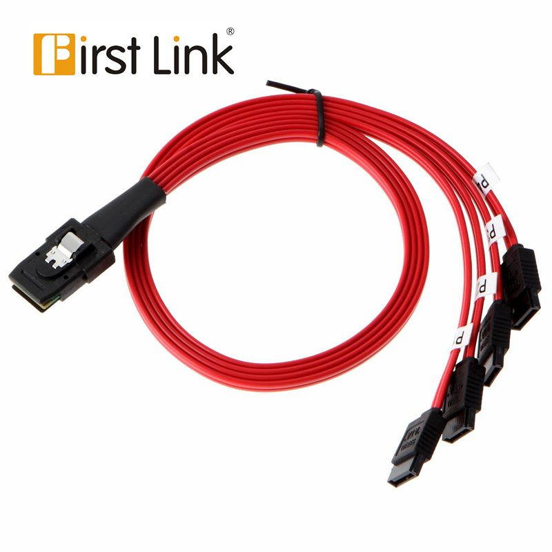 SFF8087-4SATA-0.5M 0.5 Meter 30AWG Internal Mini SAS 36pin (SFF-8087) Male w/ Latch to 4 x SATA 7pin Female Forward Breakout Cable with Nylon Braiding