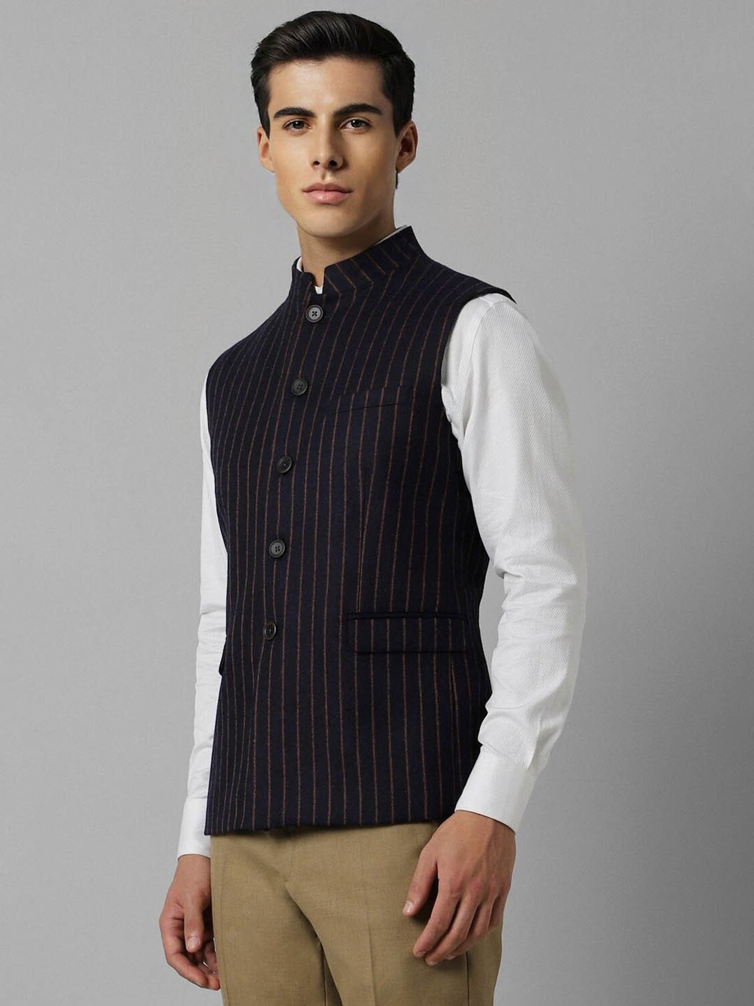 Louis Philippe Navy Slim Fit Striped Nehru Jacket