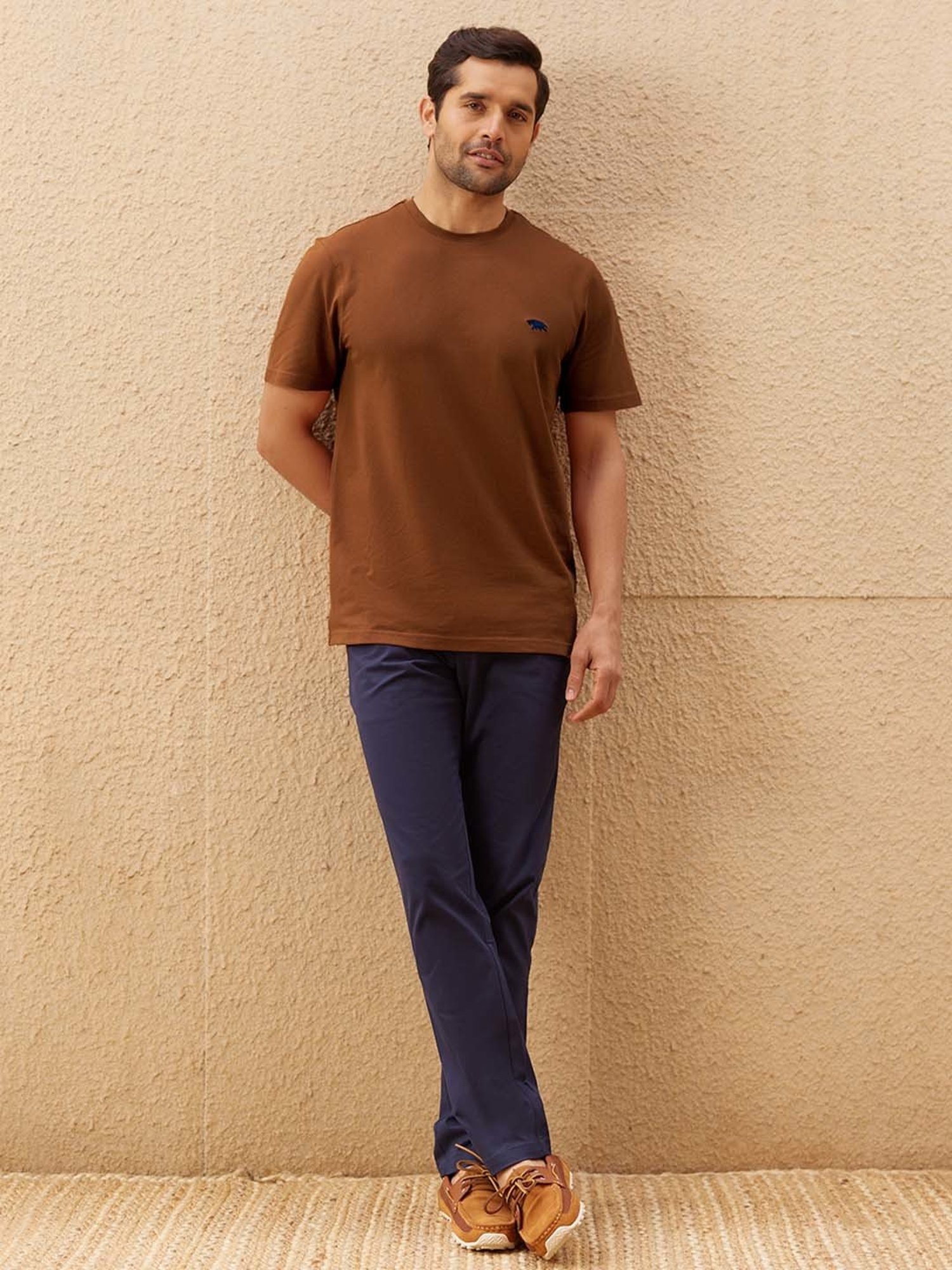 ANDAMEN Brown Regular Fit Crew T-Shirt