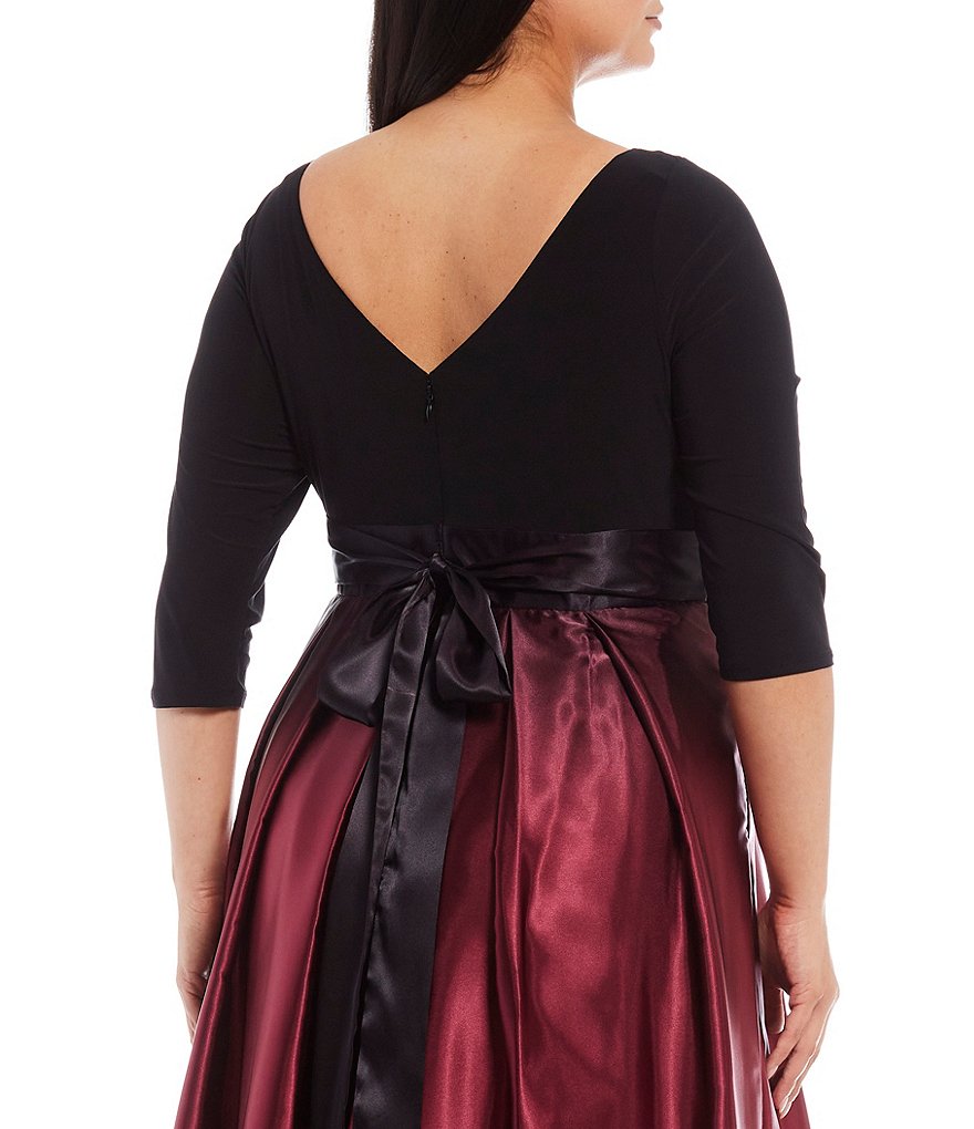 Ignite Evenings Plus Size 3/4 Sleeve Ribbon Belted Detail Ombre Satin Ball Gown