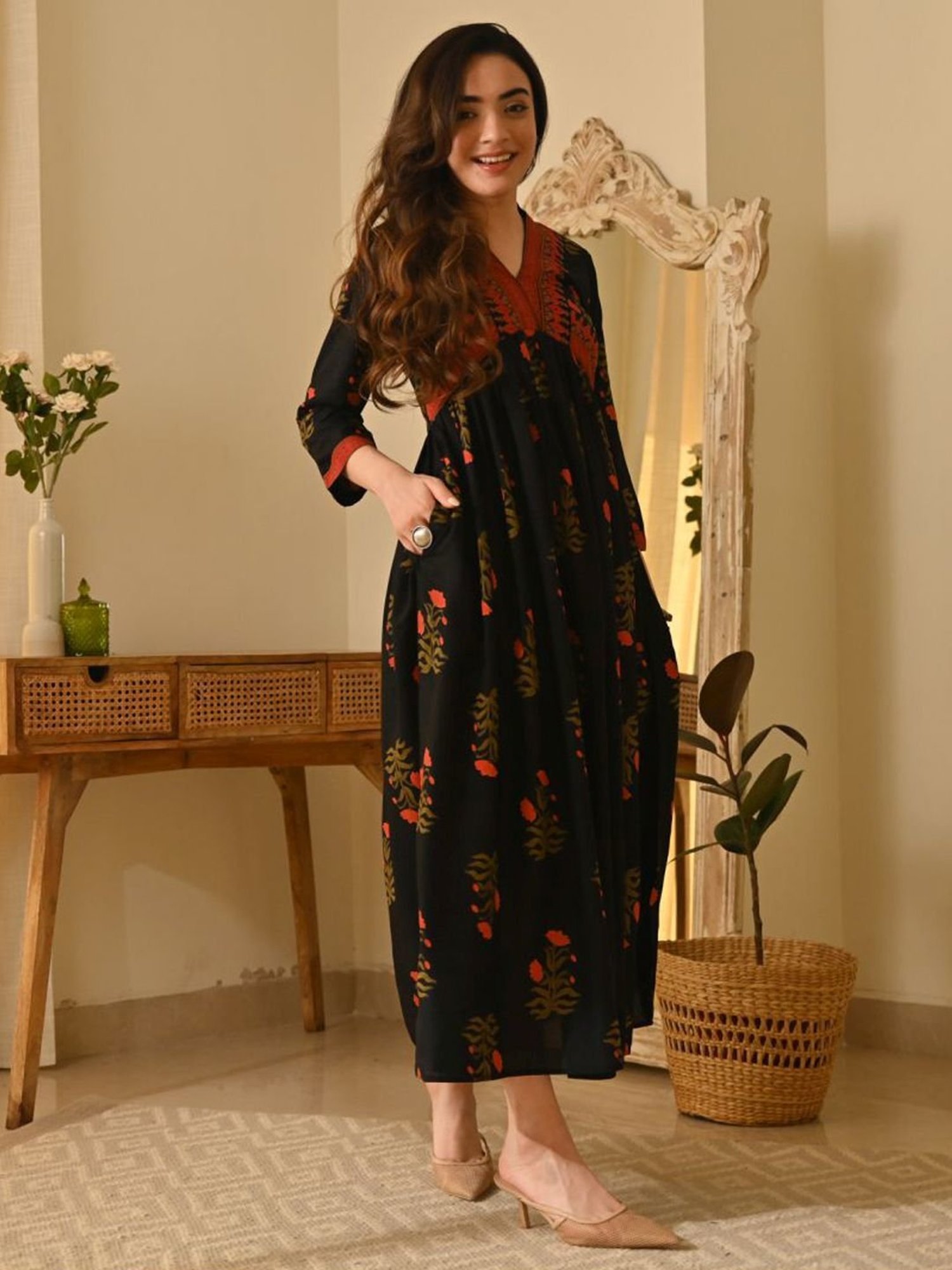 Rustorange Black Printed A-Line Dress