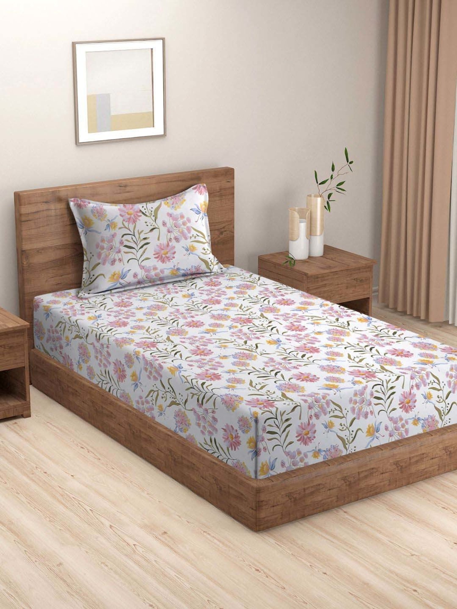 HOSTA HOMES White & Pink Cotton 280 TC Single Bedsheet with 1 Pillow cover