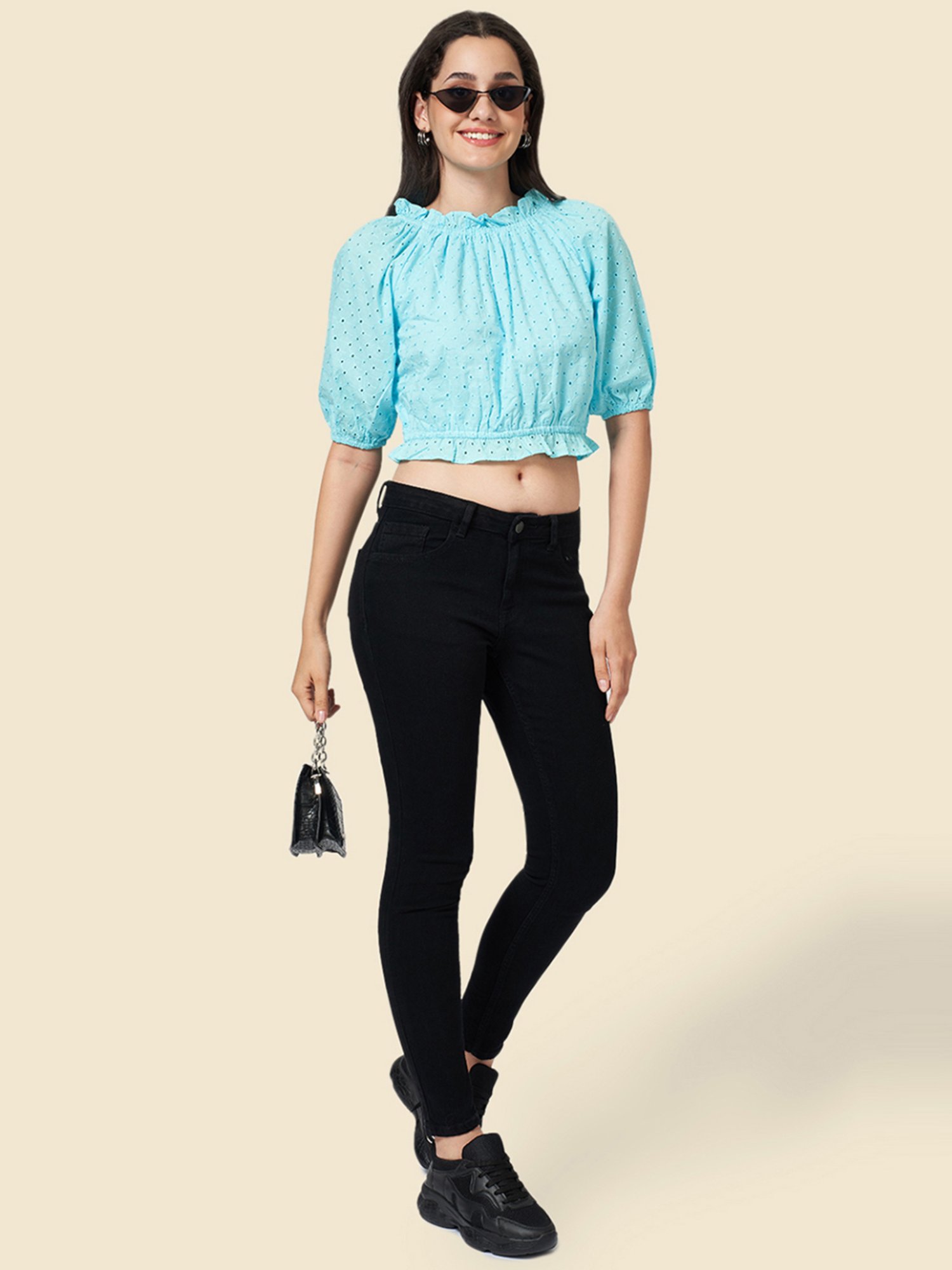 YU by Pantaloons Aqua Blue Cotton Self Pattern Crop Top