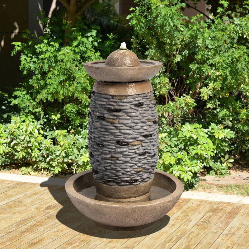 27.8" Cobblestone Outdoor Fountain with LED Lights Brown - Peaktop