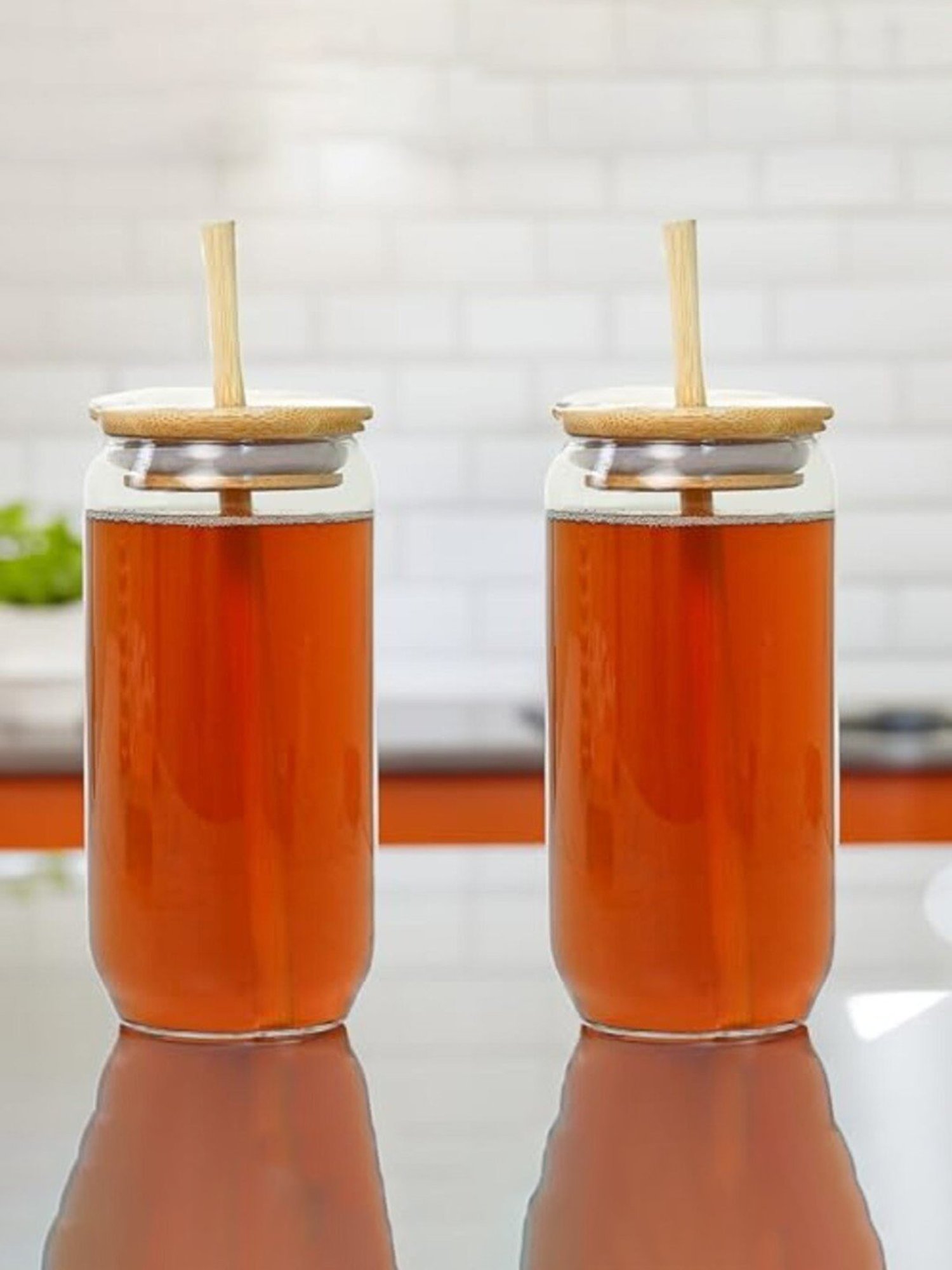 Femora Solid Transparent Glass Coffee Mug with Wooden Lid and Wooden Straw (500ml) - Set of 2