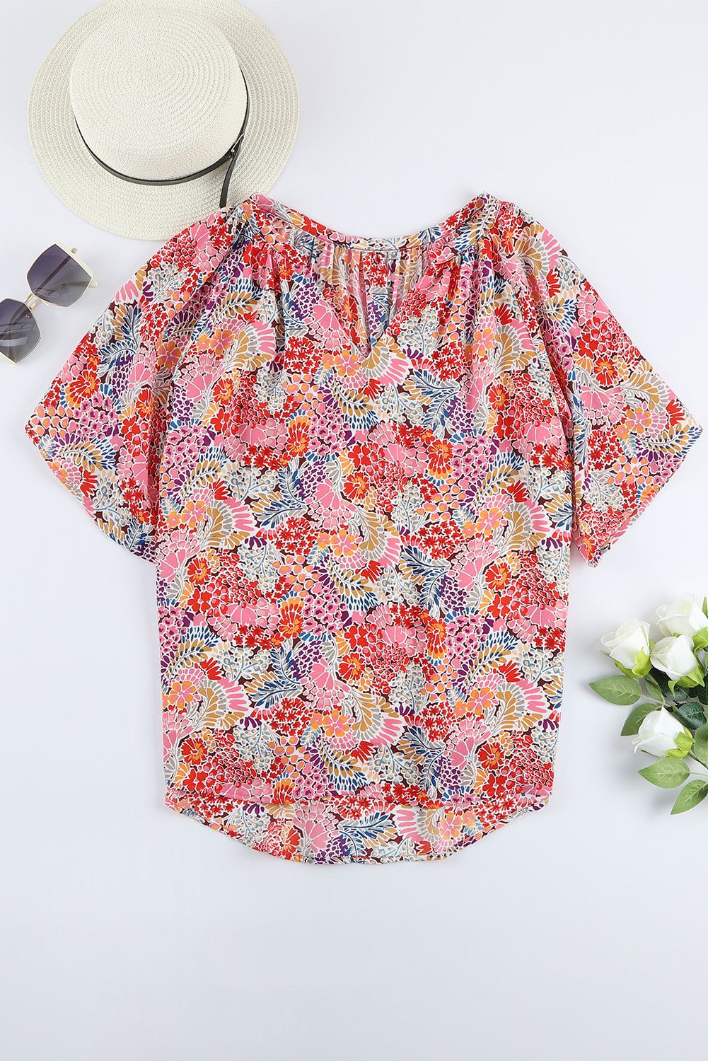 Multicolor Gorgeous Notch V Neck Short Sleeve Floral Blouse