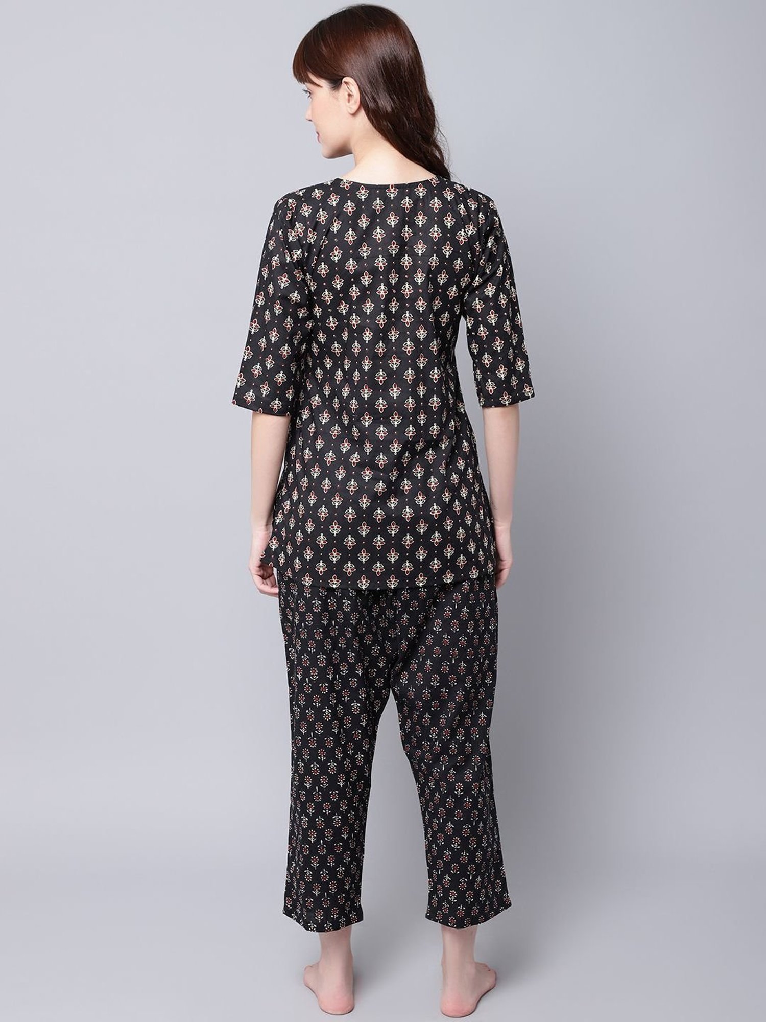 TAG 7 Black Cotton Printed Kurti Pant Set