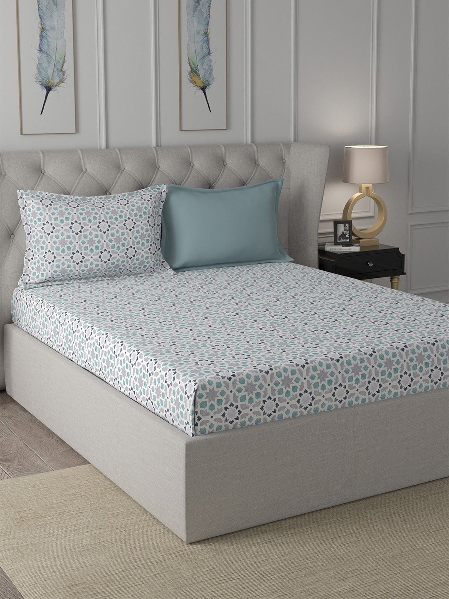 In-House by Maspar Blue 200 TC Cotton Printed Bed Sheet with 2 Pillow Cover