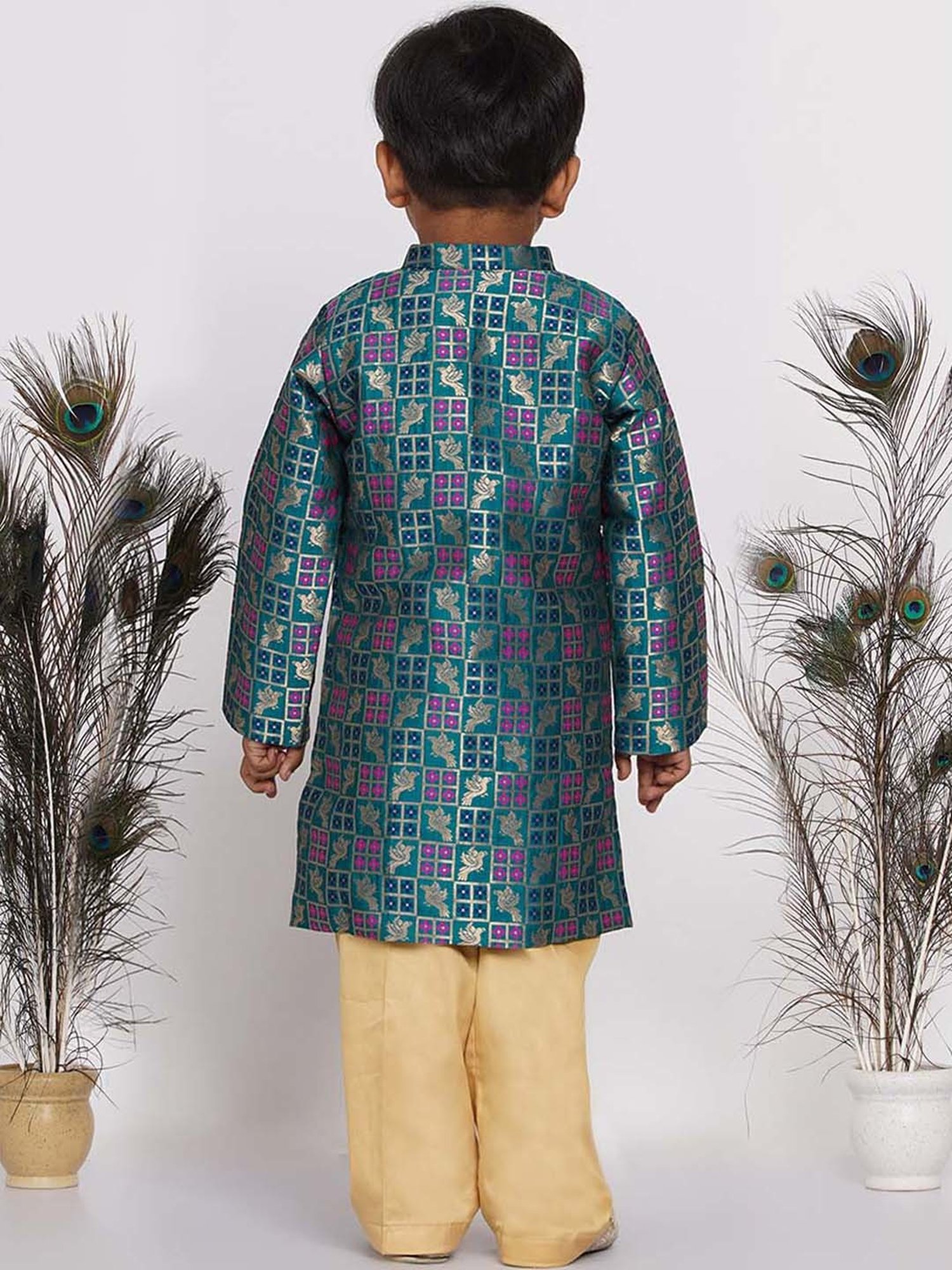 Little Bansi Kids Green & Beige Cotton Printed Full Sleeves Kurta Set