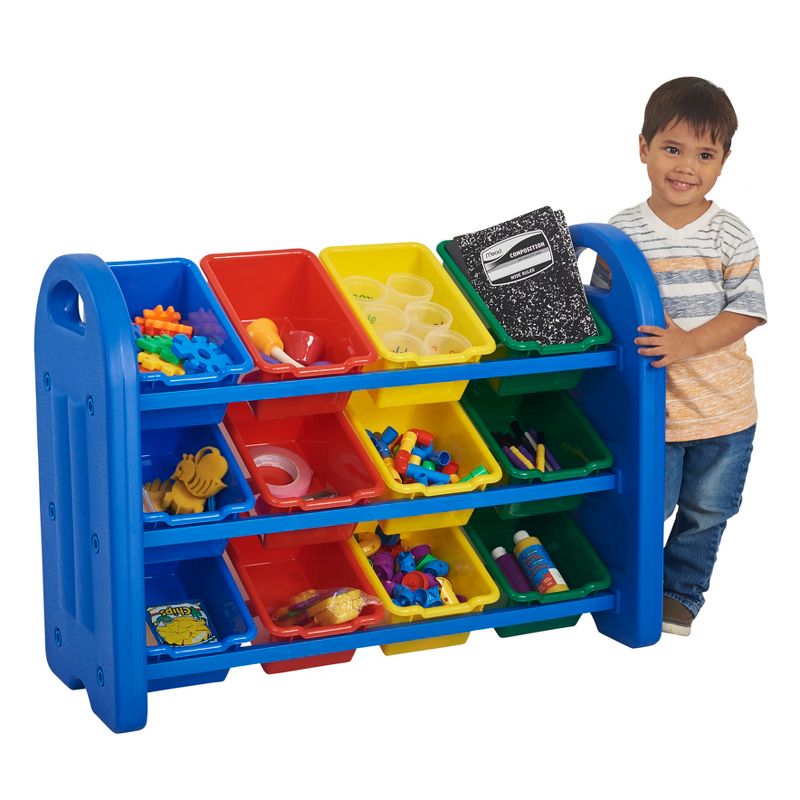 ECR4Kids 3-Tier Toy Storage Organizer for Kids, Blue with 12 Assorted Color Bins