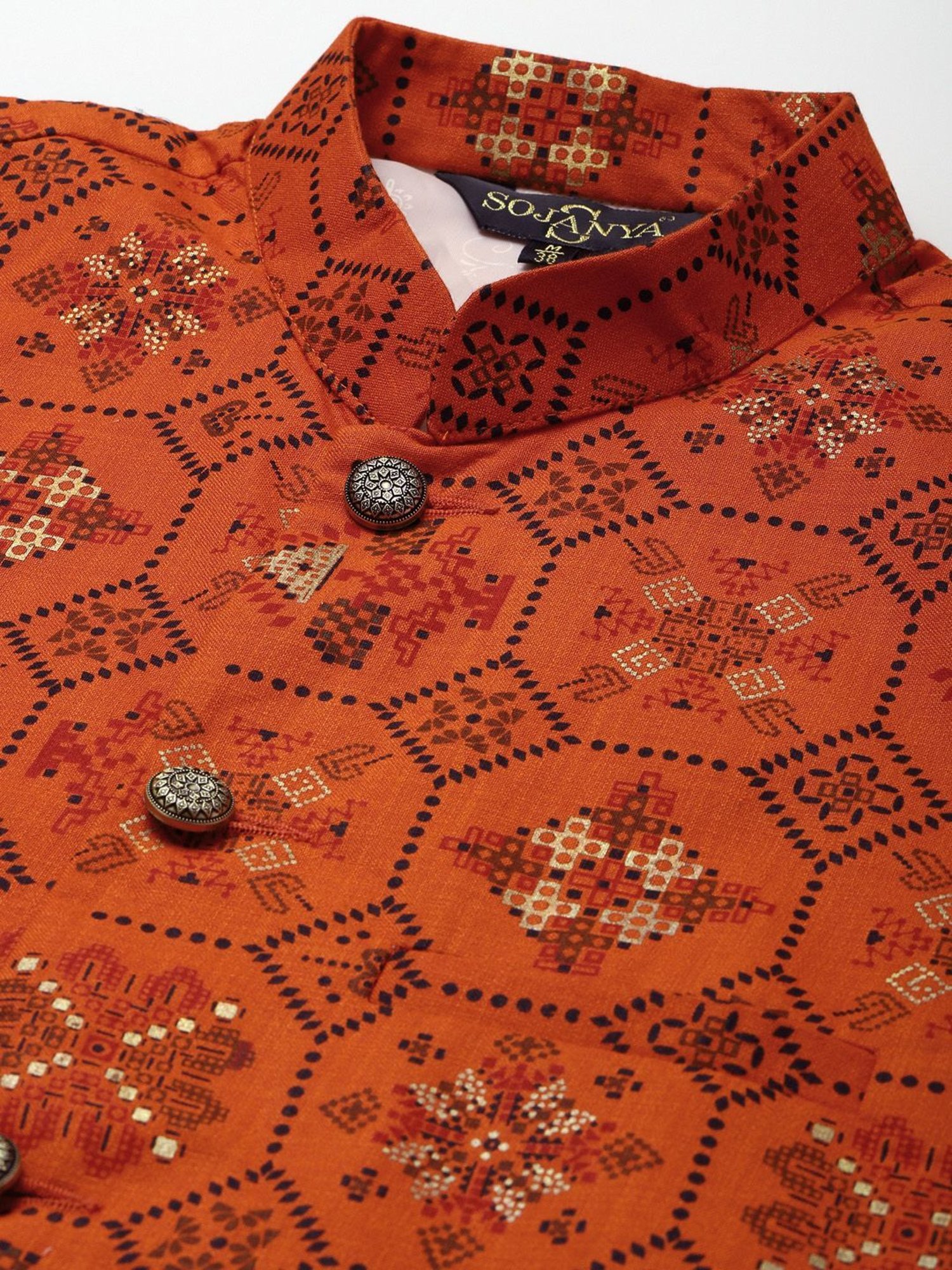 Sojanya Orange Cotton Linen Regular Fit Self Pattern Nehru Jacket