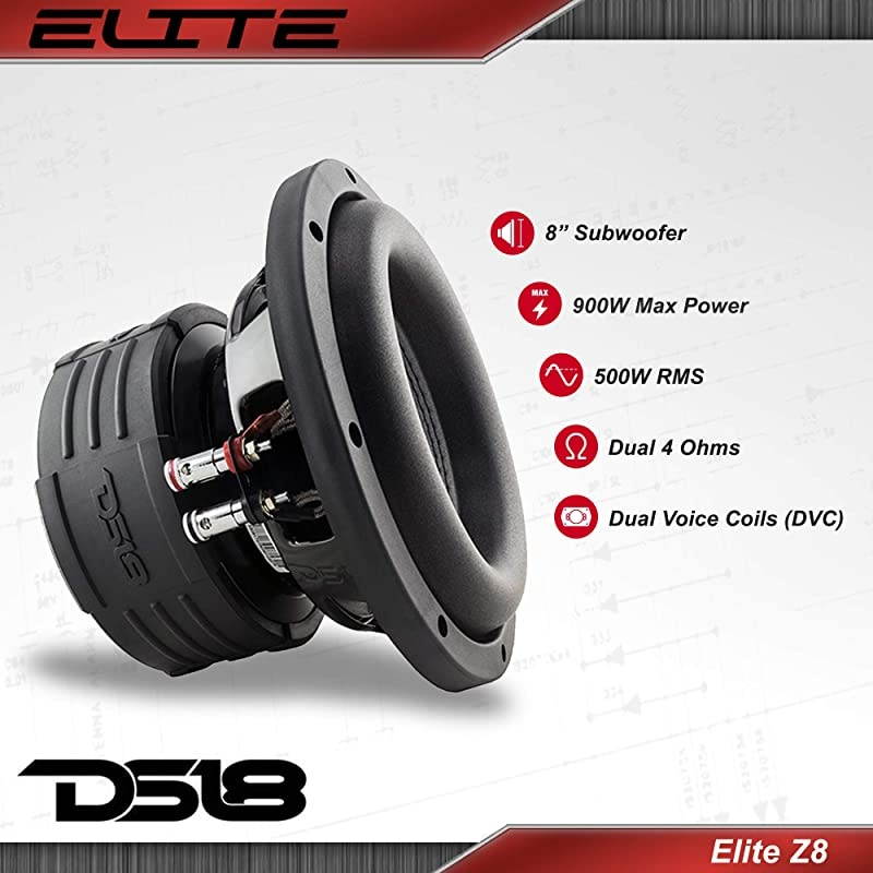 Elite Z8 Subwoofer in Black - 8", 900W Max Power, 500W RMS, Dual 4 Ohms, DVC - Premium Car Audio Bass Speaker Great for Low Frequencies and High Power Applications (1 Speaker)