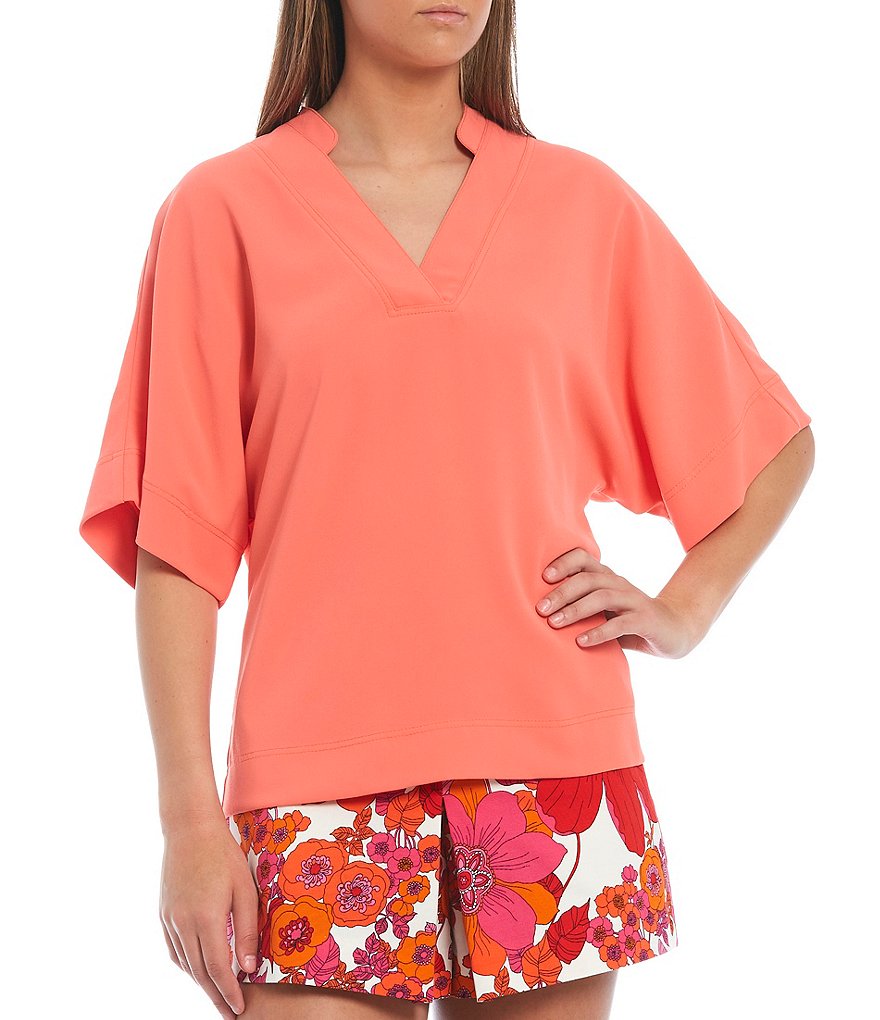 Trina Turk Sunset Soiree Notch Neck Dolman Elbow Sleeve Flowy Top