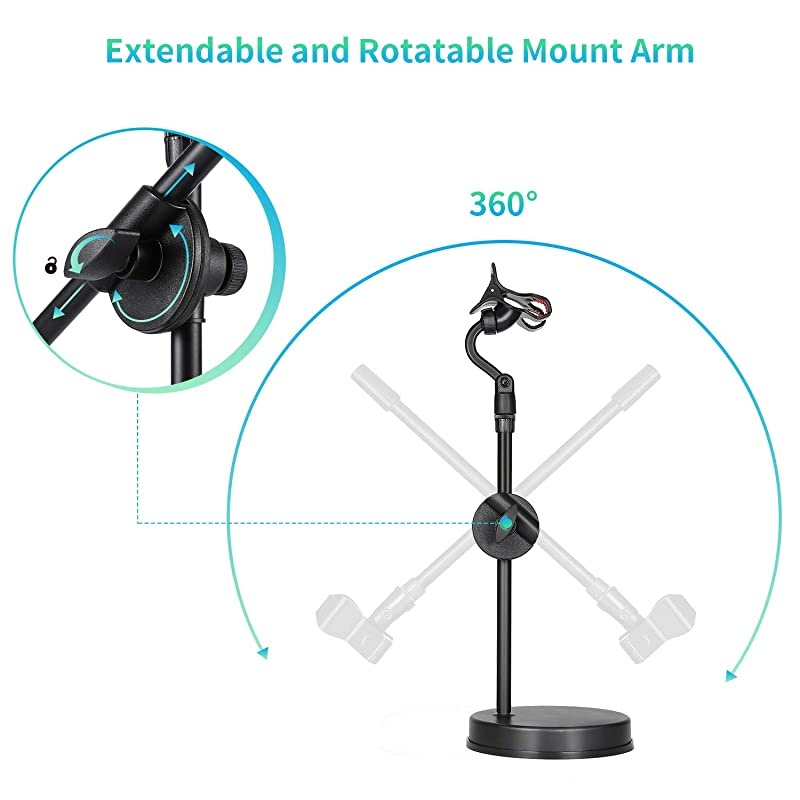 Desk Microphone Stand with Smartphone Holder, Adjustable mic stand with Non-Slip mic holder clamp, Heavy Round Base