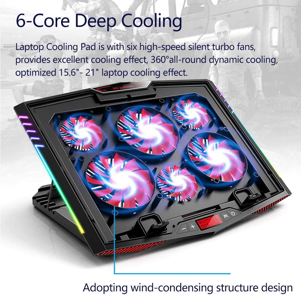 RGB Laptop Cooling Pad for 15.6-21 Inch Professional Gaming Laptop Cooler with 6 Quiet Fans and Button Control, Pure Metal Panel Portable Cooler