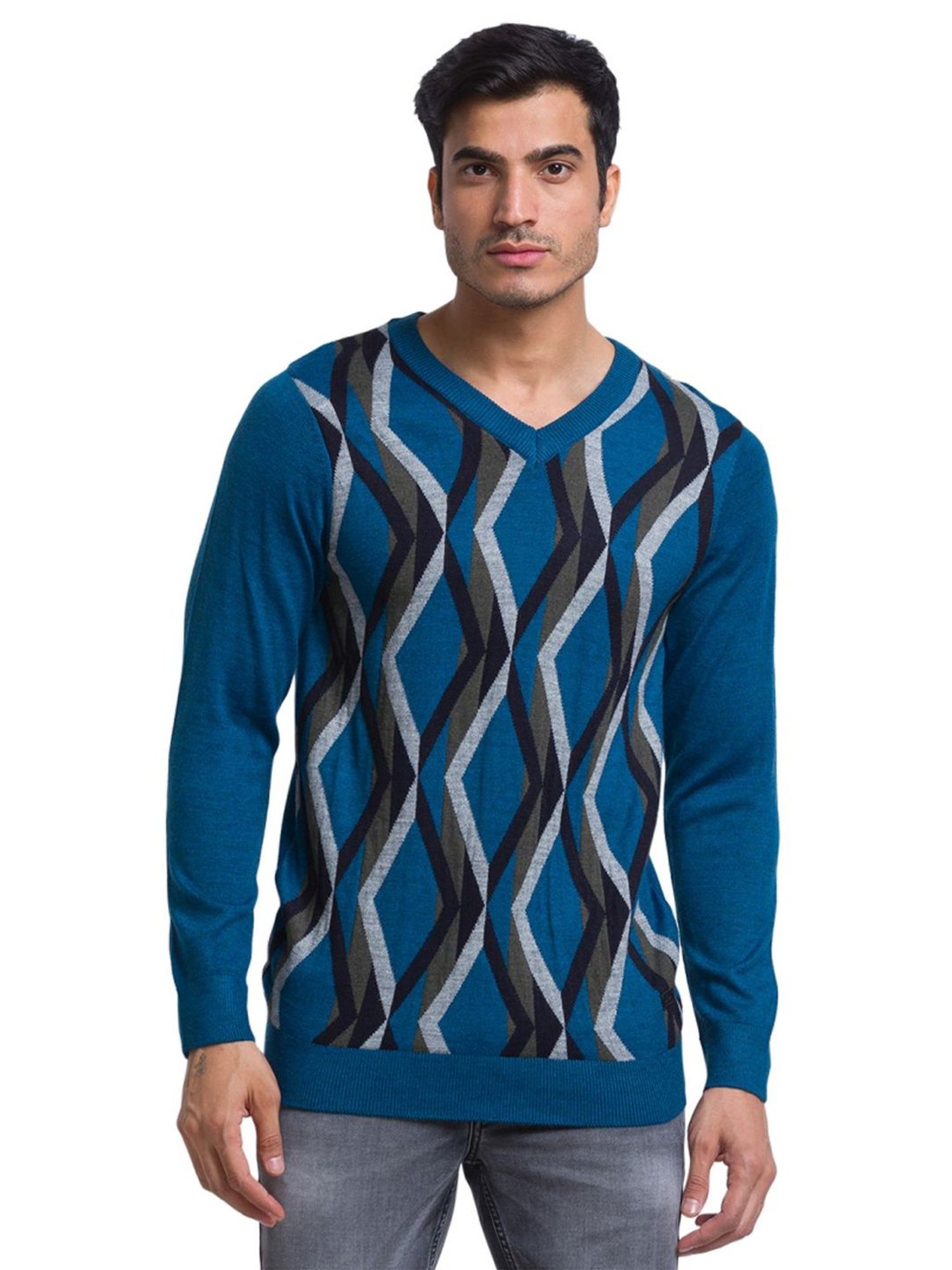 Parx Blue Regular Fit Printed Sweater