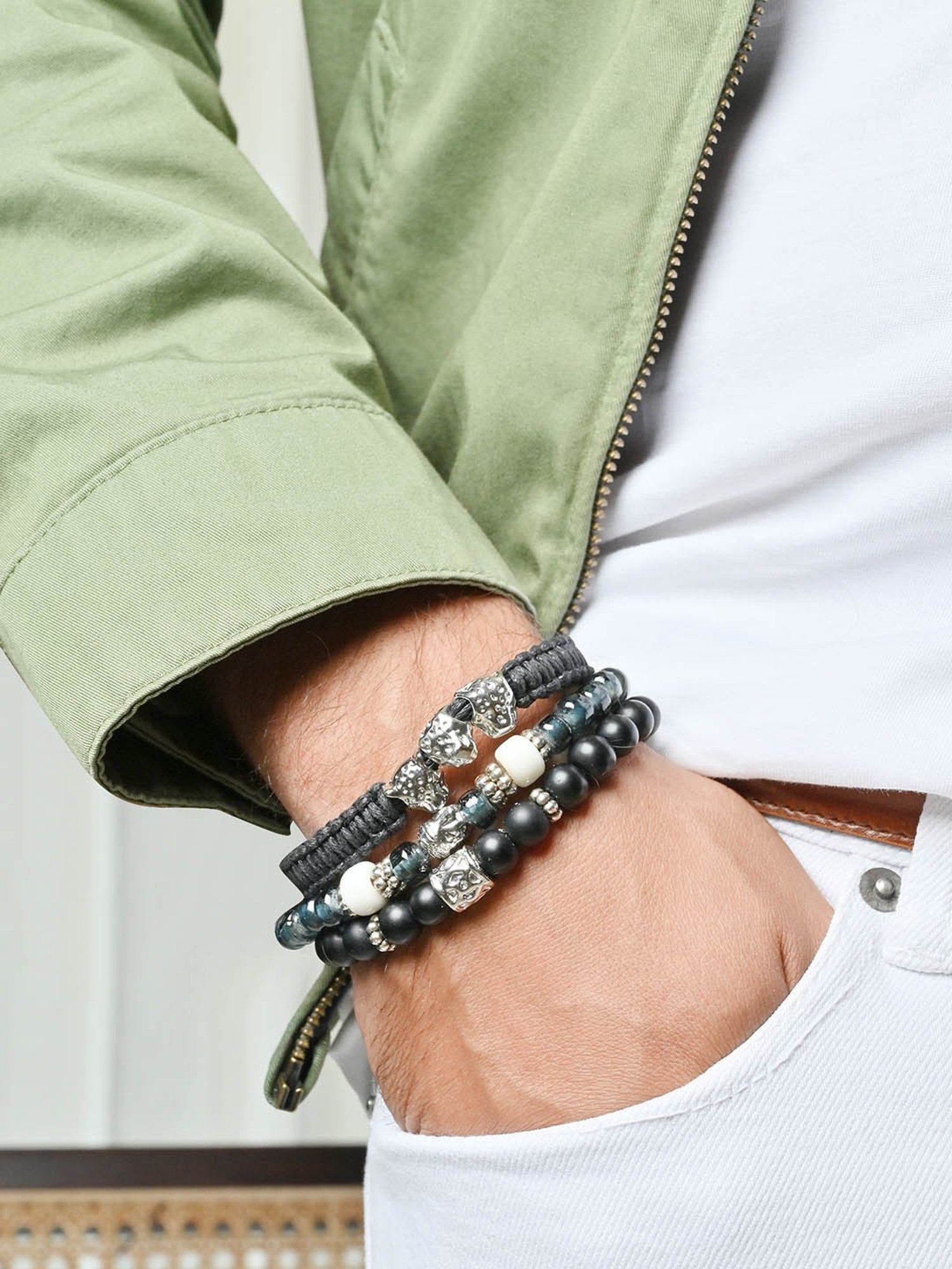 The Bro Code Set of 3 Black Beaded Metal and Skull Bracelet for Men