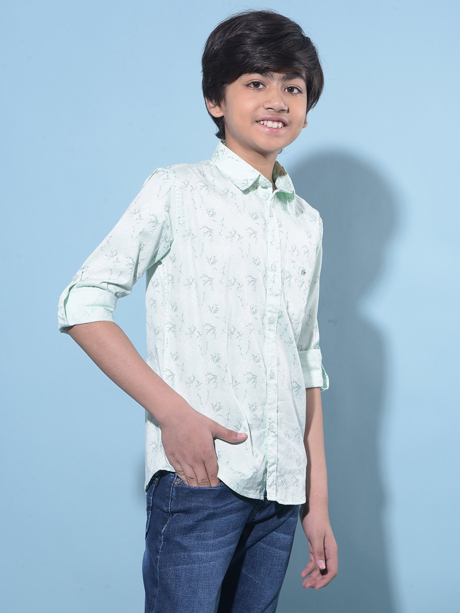 Crimsoune Club Kids Mint Green Printed Full Sleeves Shirt