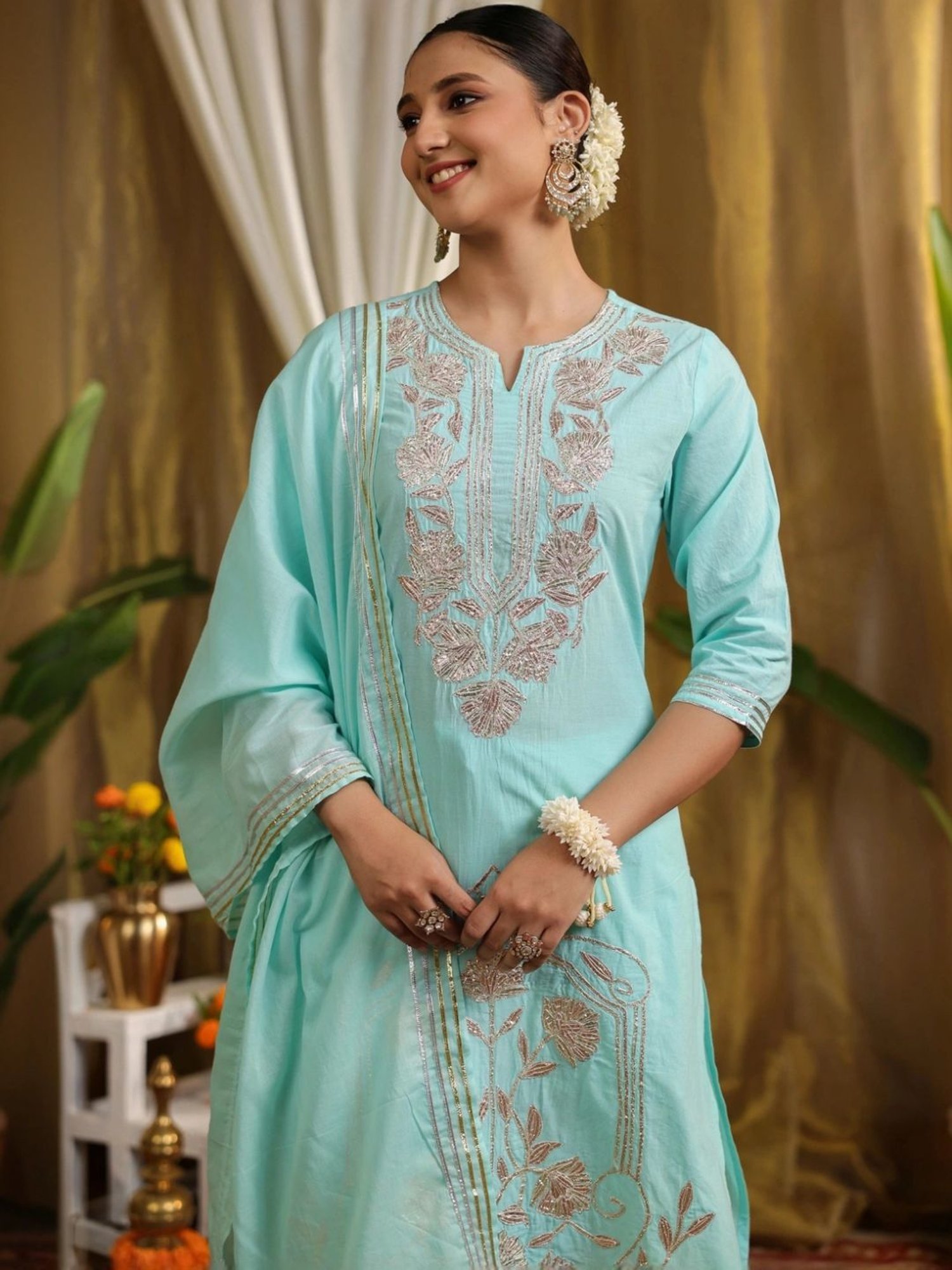 SCAKHI Turquoise Blue Cotton Gota Work Kurta and Pant With Dupatta