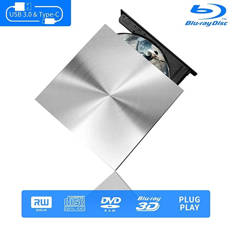 Blu Ray External 3D Drive Reader,  USB C 3.0 and Type-C External Drive Bluray Optical CD DVD Drive for MacBook Windows Laptop Desktop PC Laptop
