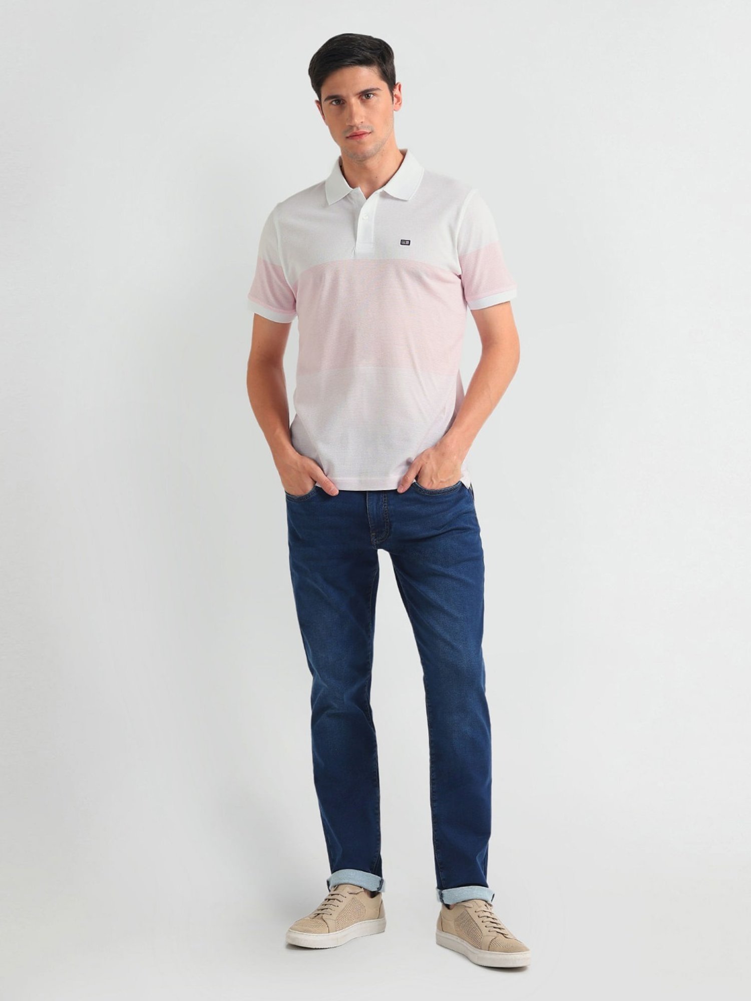 Arrow Sports Pink Cotton Regular Fit Colour Block Polo T-Shirt