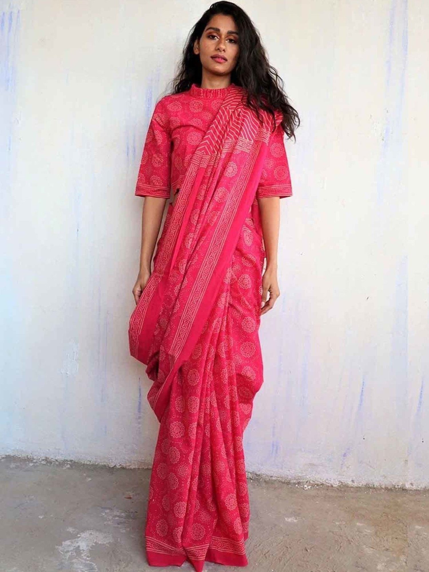 Chidiyaa Rani Pink Block Printed Cotton Mulmul Saree - Butterfly Girls