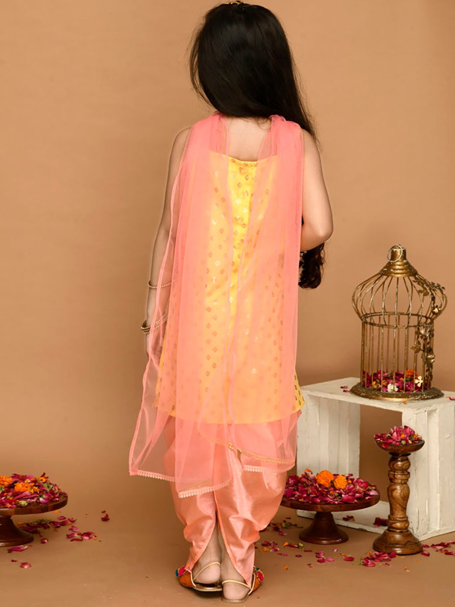 Saka Designs Kids Yellow & Neon Pink Printed Kurta with Dhoti & Dupatta