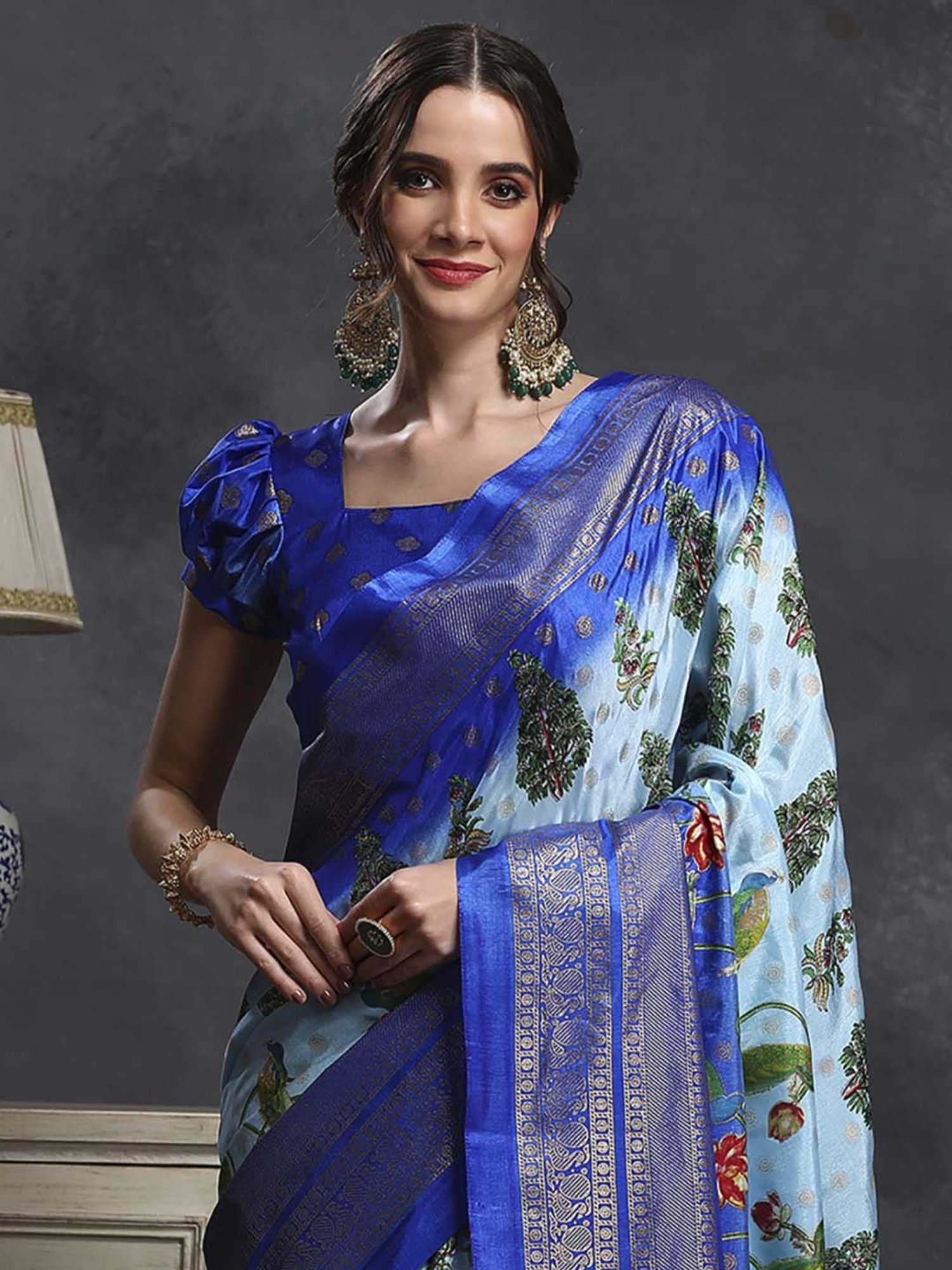 Saree Mall Blue Silk Printed Saree With Unstitched Blouse