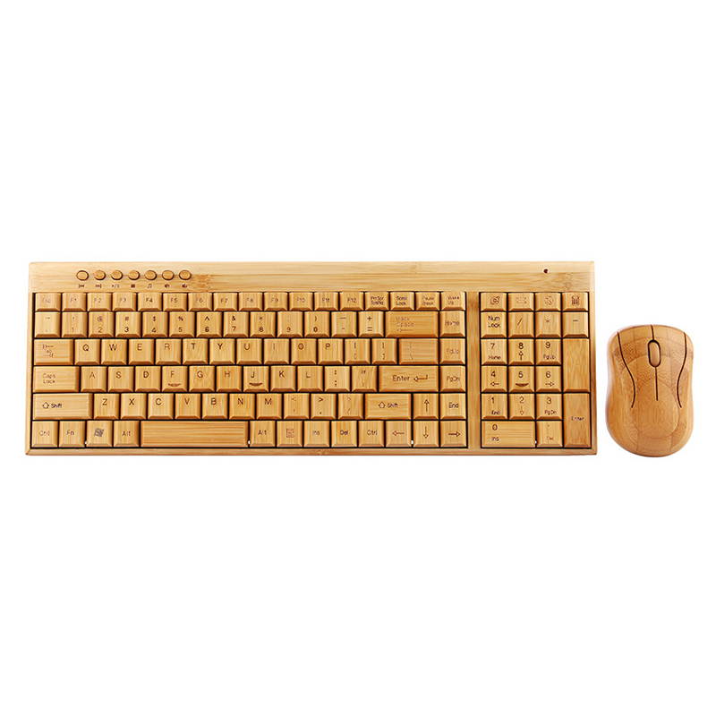 Bamboo Silent Handmade 2.4GHz Ergonomic Wireless Mouse Bamboo Mouse Keyboard Combos with Multimedia Function Keys for Laptop PC