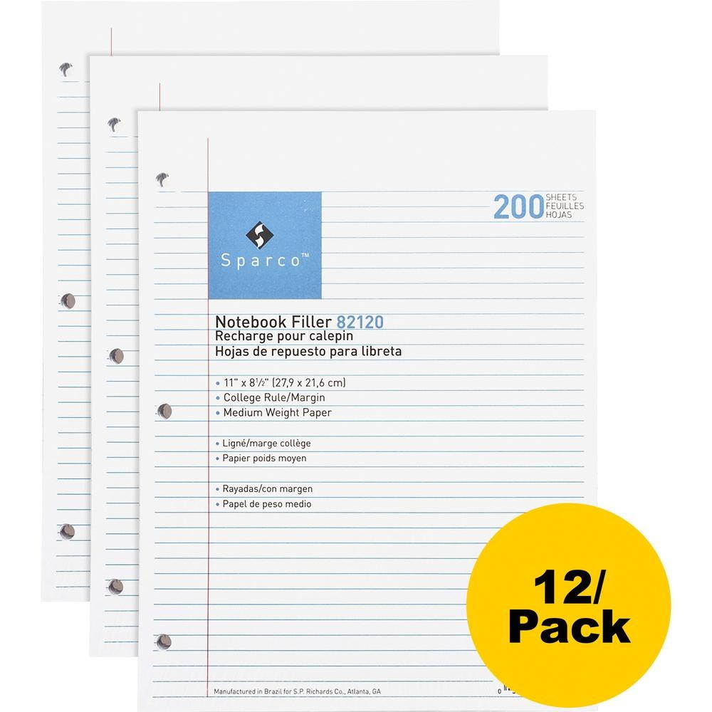 Sparco Filler Paper 3-HP College Ruled 11"x8-1/2" 200/PK White 82120